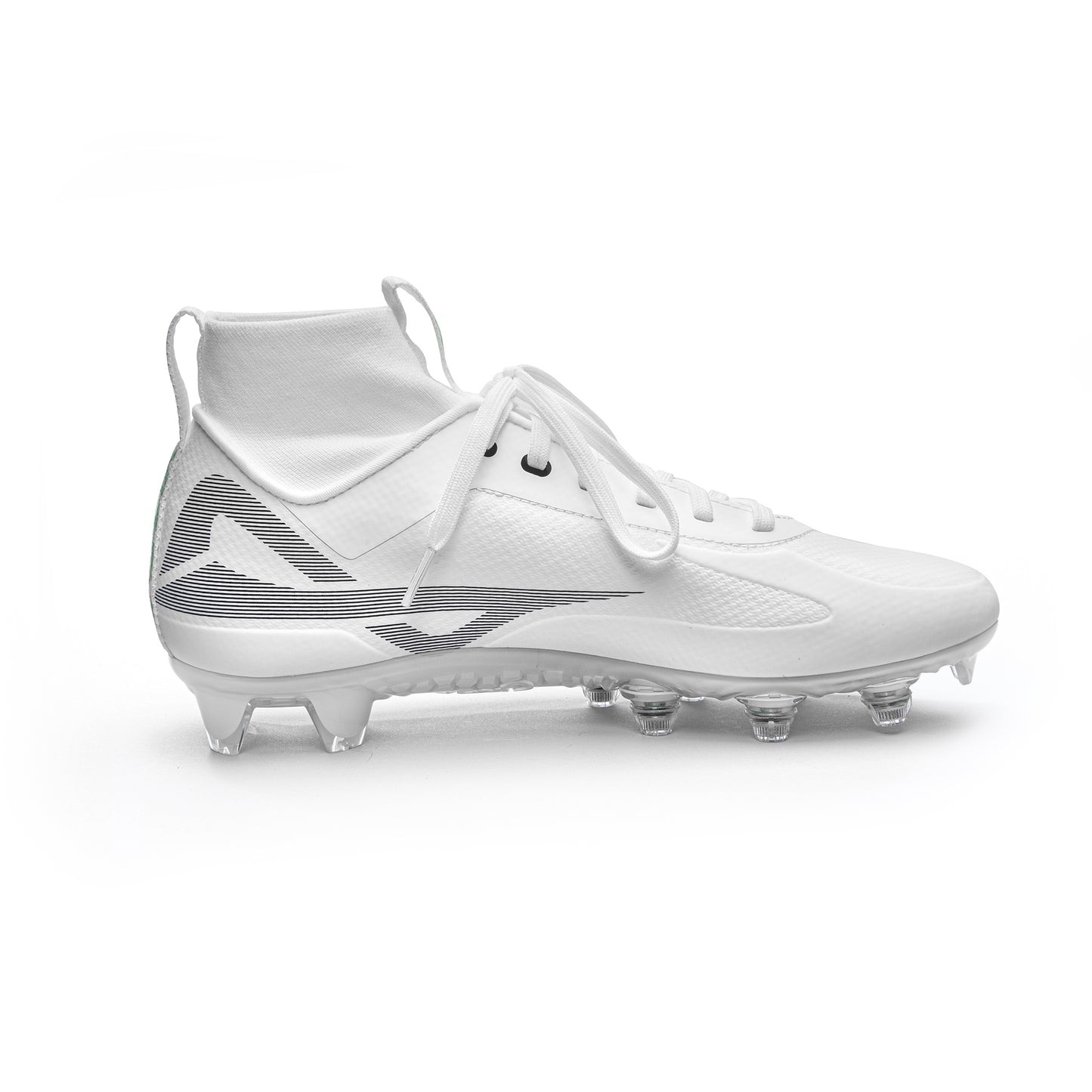 Photo of inside profile of Caddix men’s white/white mid football and lacrosse cleats with patented Smart Studs that reduce torque that leads to ACL tears