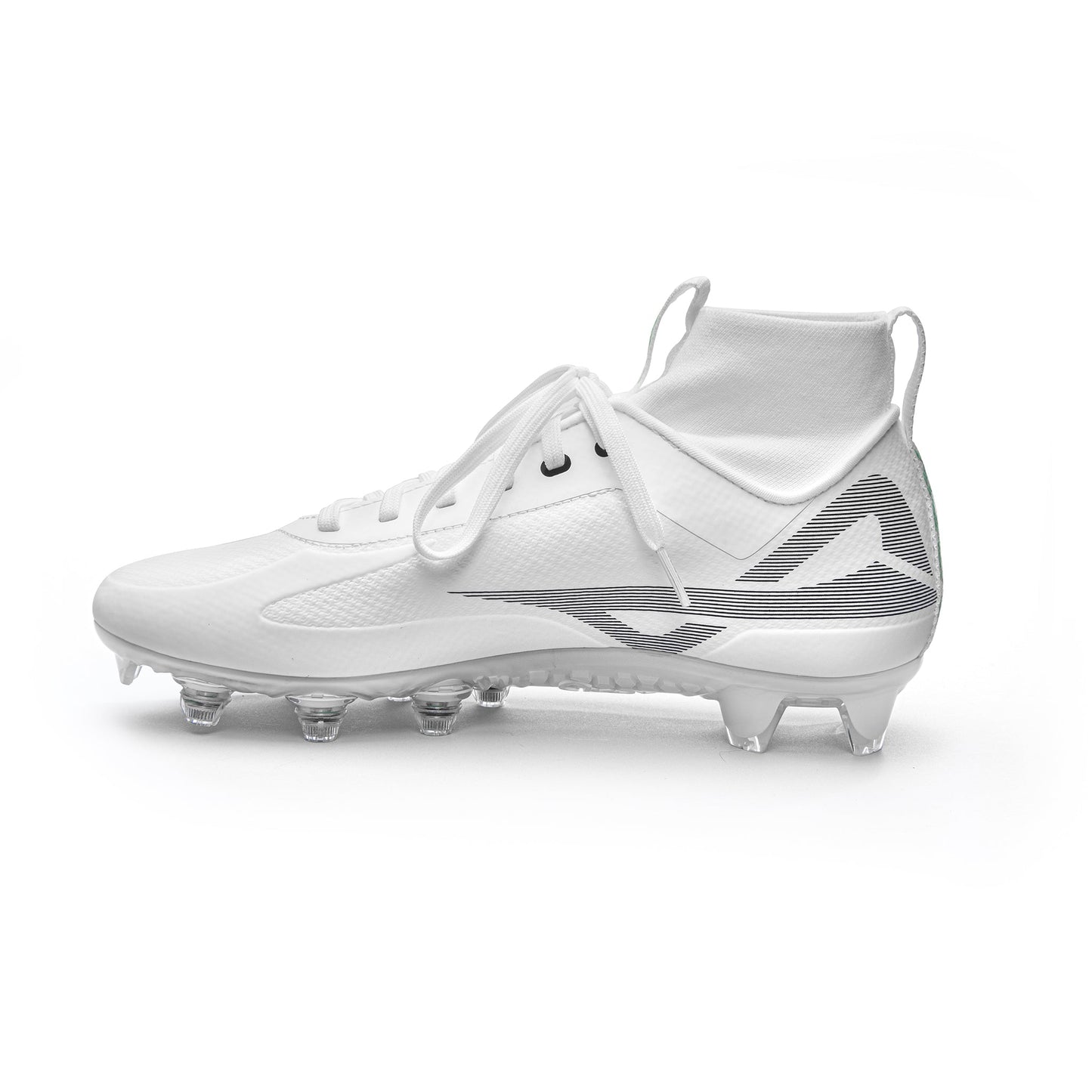 Photo of inside profile of Caddix men’s white/white mid football and lacrosse cleats with patented Smart Studs that reduce torque that leads to ACL tears