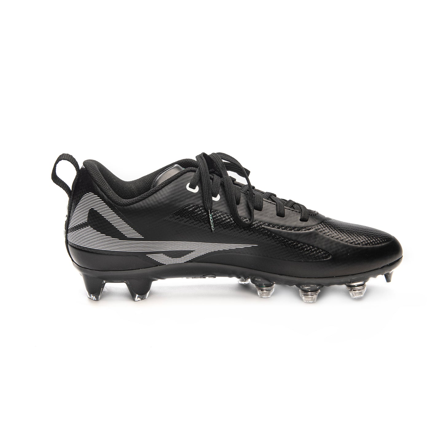 Black/black Caddix men’s low football and lacrosse cleats side view, featuring patented Smart Studs that reduce injury-causing stress traditional cleats create