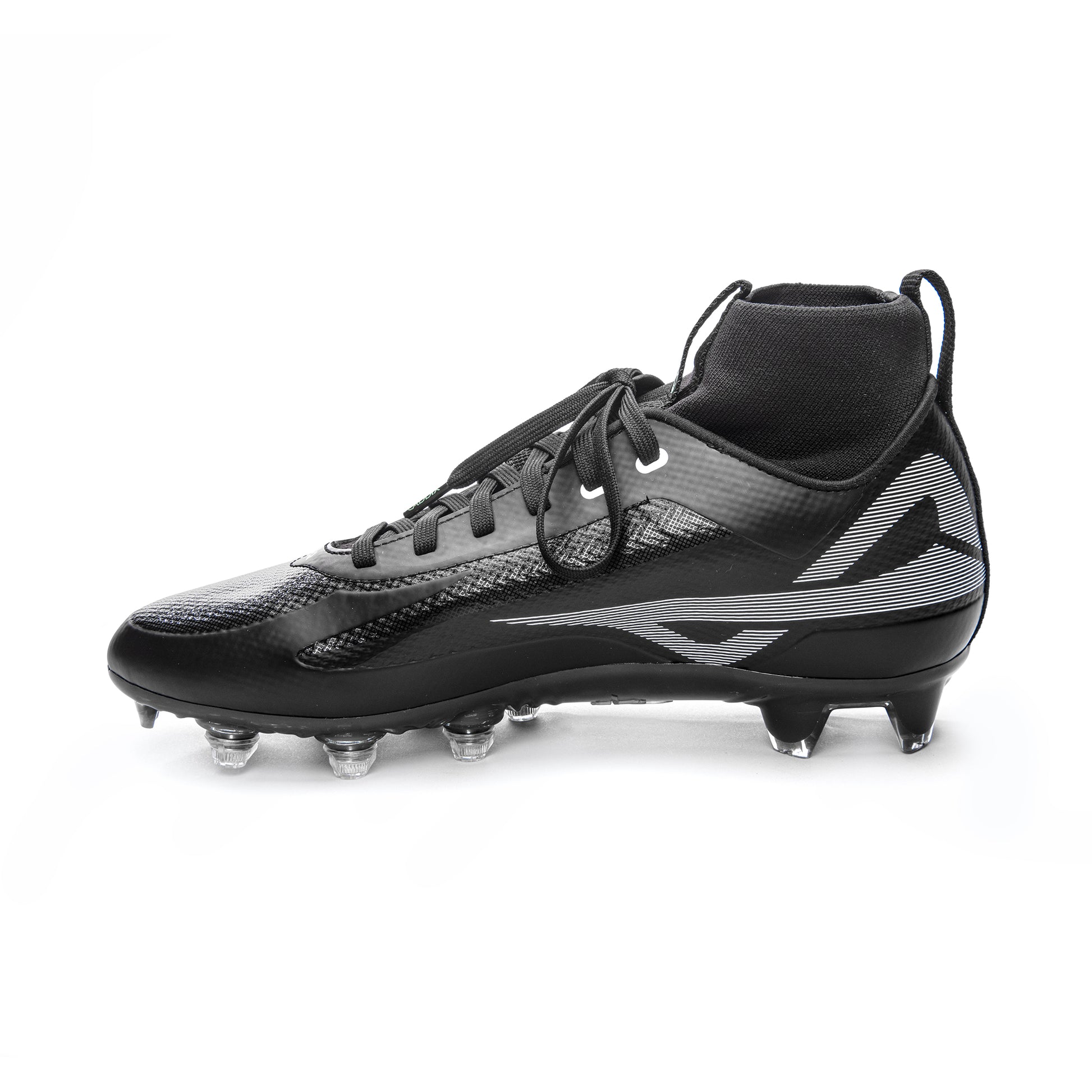 Medial side of black/black mid men’s Caddix football and lacrosse cleats with Smart Studs, patented to reduce injuries other cleats’ stress may cause