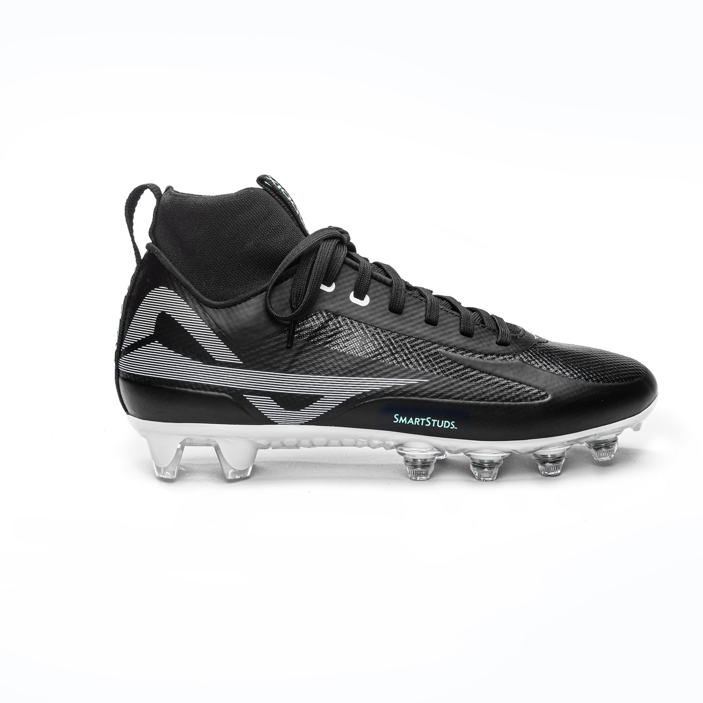 Side of men’s black/white mid-rise football and lacrosse cleats made by Caddix that utilize patented Smart Studs that flex to reduce ACL and ankle injuries