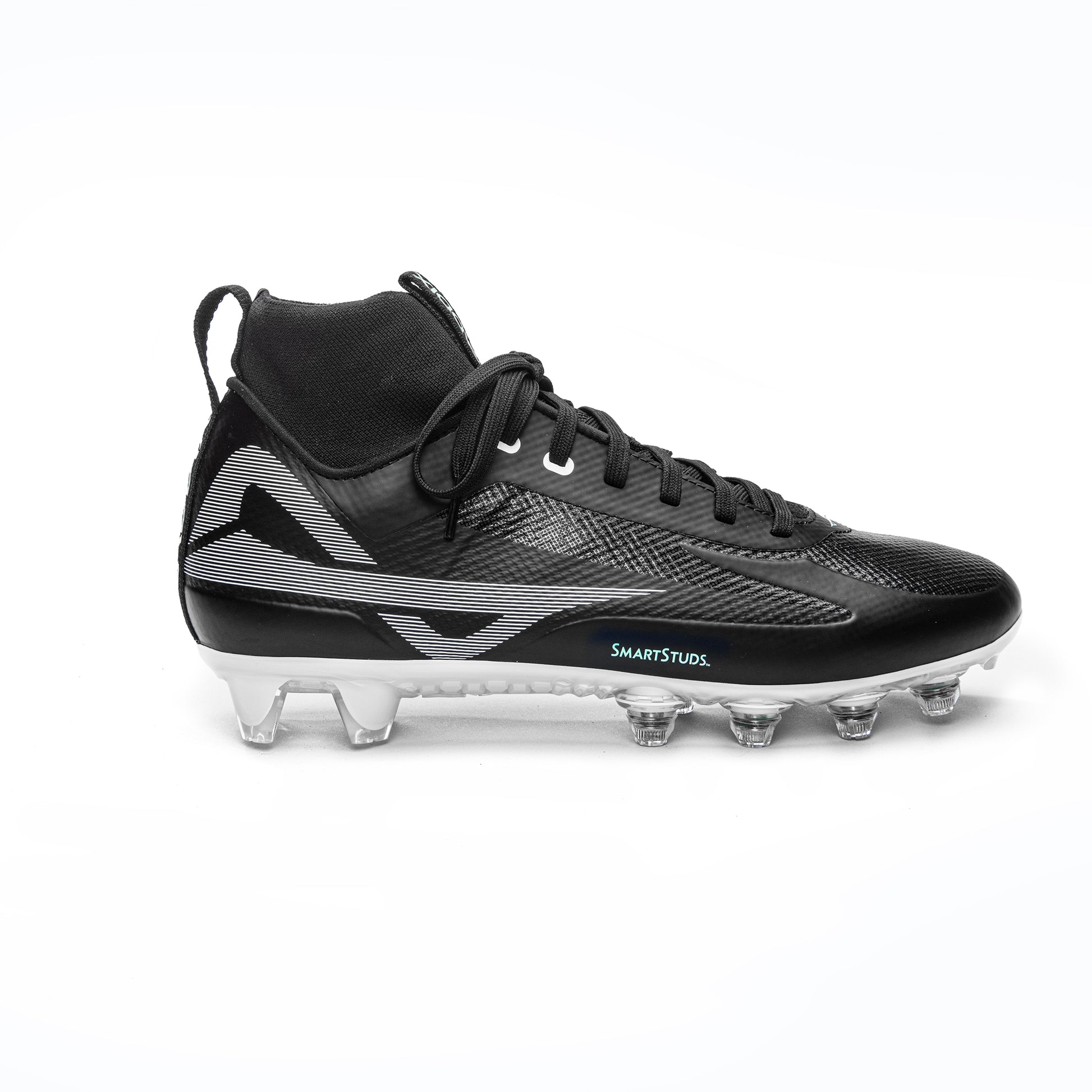 Side of men’s black/white mid-rise football and lacrosse cleats made by Caddix that utilize patented Smart Studs that flex to reduce ACL and ankle injuries
