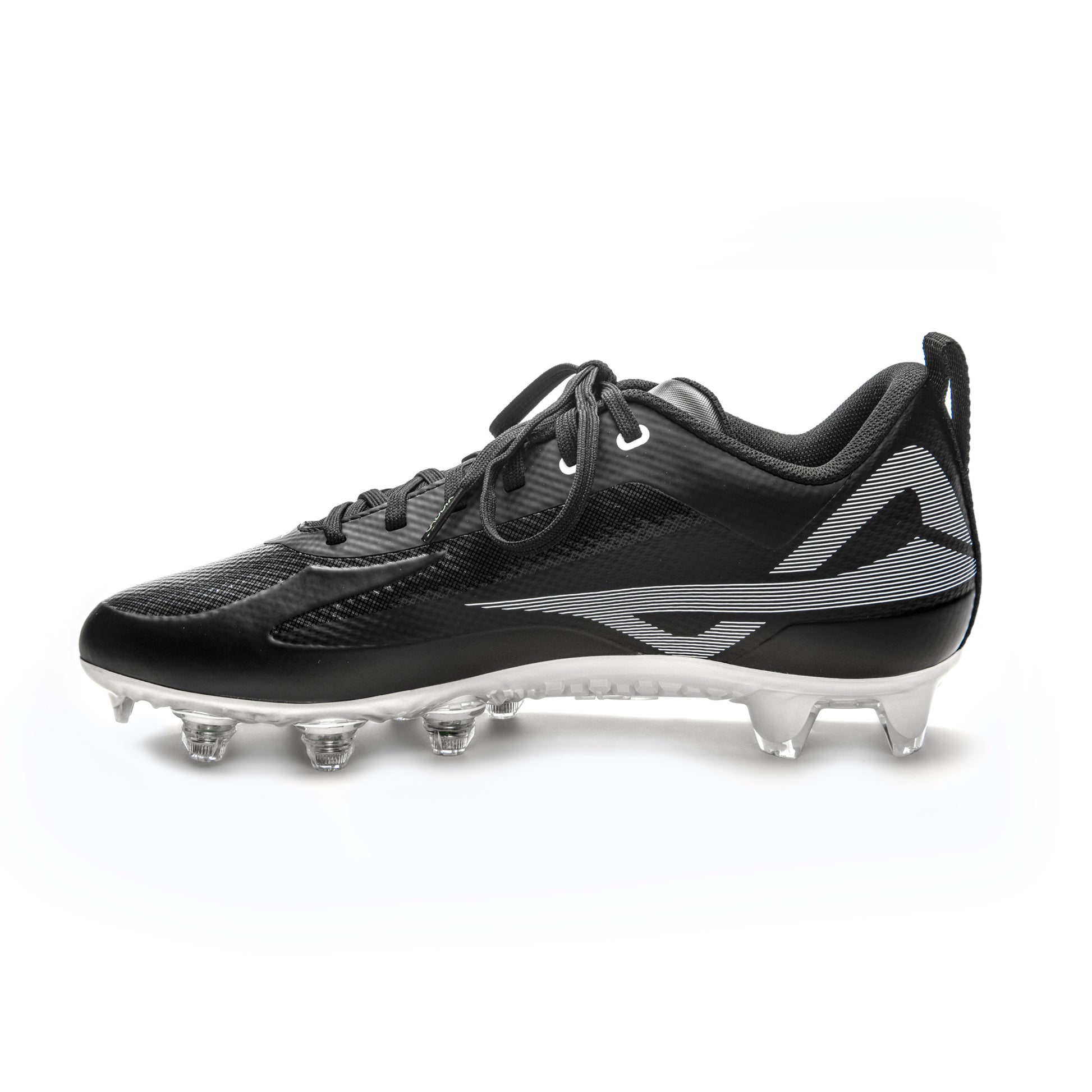 Medial view of men’s Caddix black/white low football and lacrosse cleats with Smart Studs, patented tech that reduces injury-causing stress other cleats create
