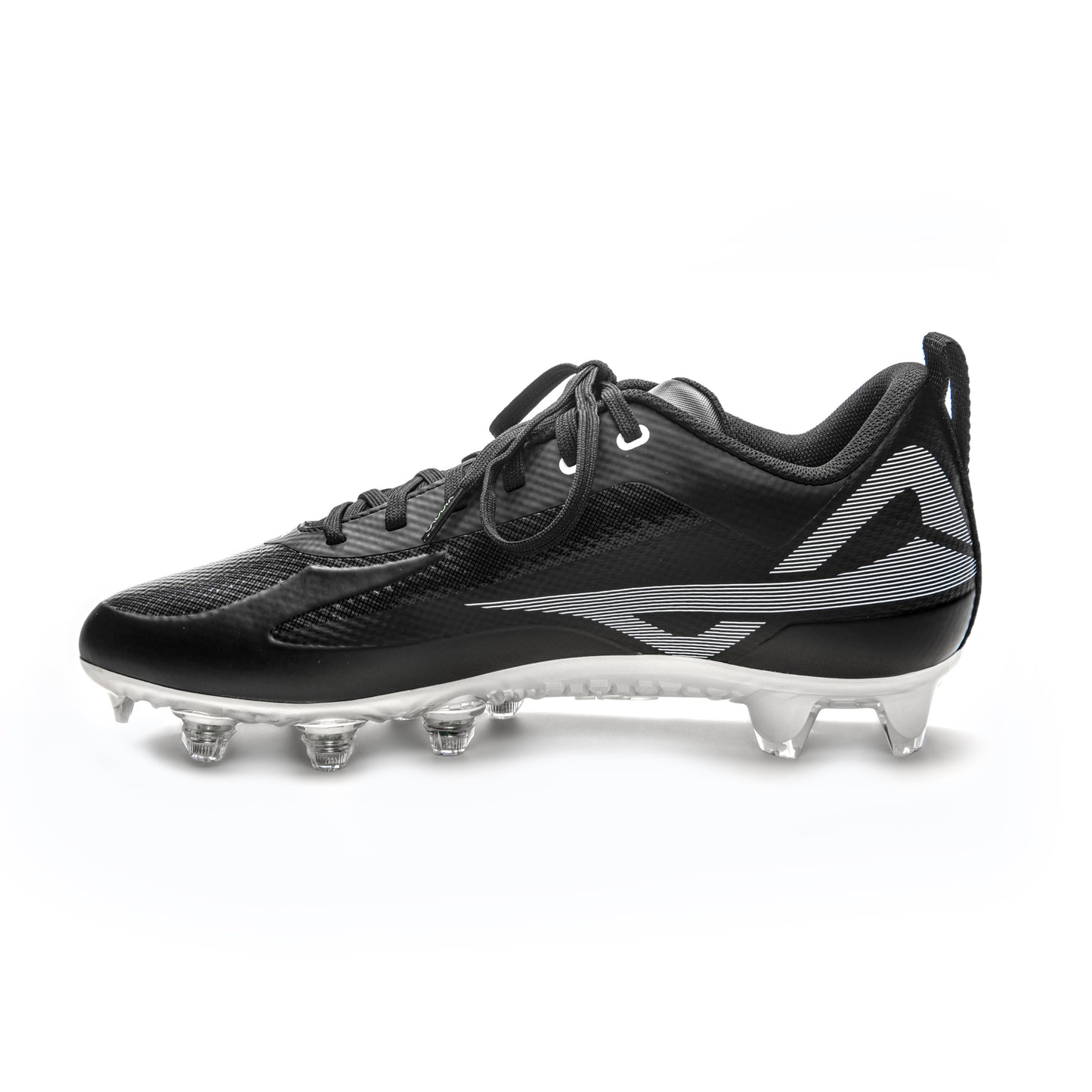 Medial view of Caddix SmartStuds low cut football lacrosse cleats for knee injury prevention in black white