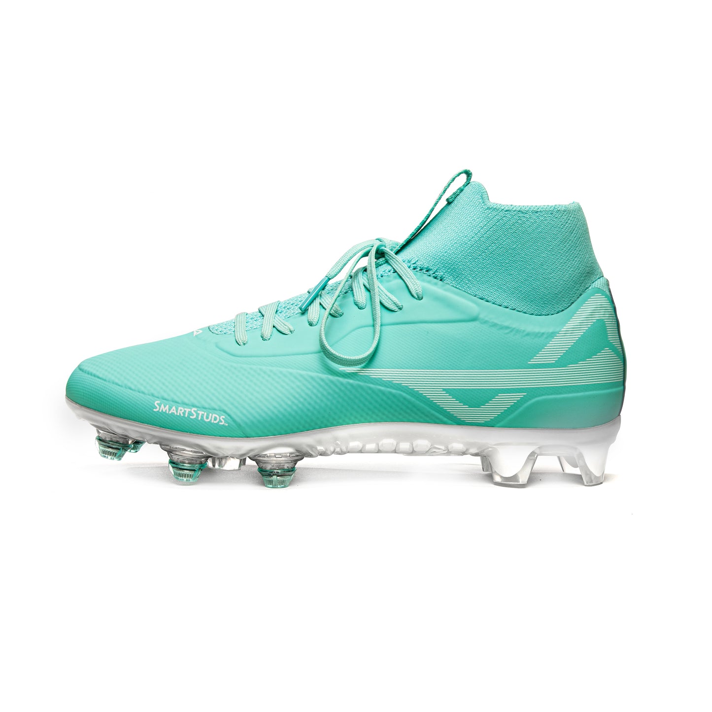 Side of women’s teal/white mid soccer and lacrosse cleats made by Caddix using patented Smart Studs that flex to reduce ACL and ankle injuries