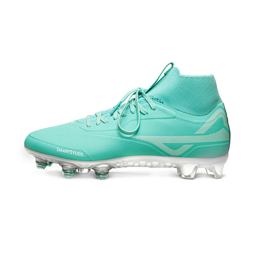 Side of women’s teal/white mid soccer and lacrosse cleats made by Caddix using patented Smart Studs that flex to reduce ACL and ankle injuries