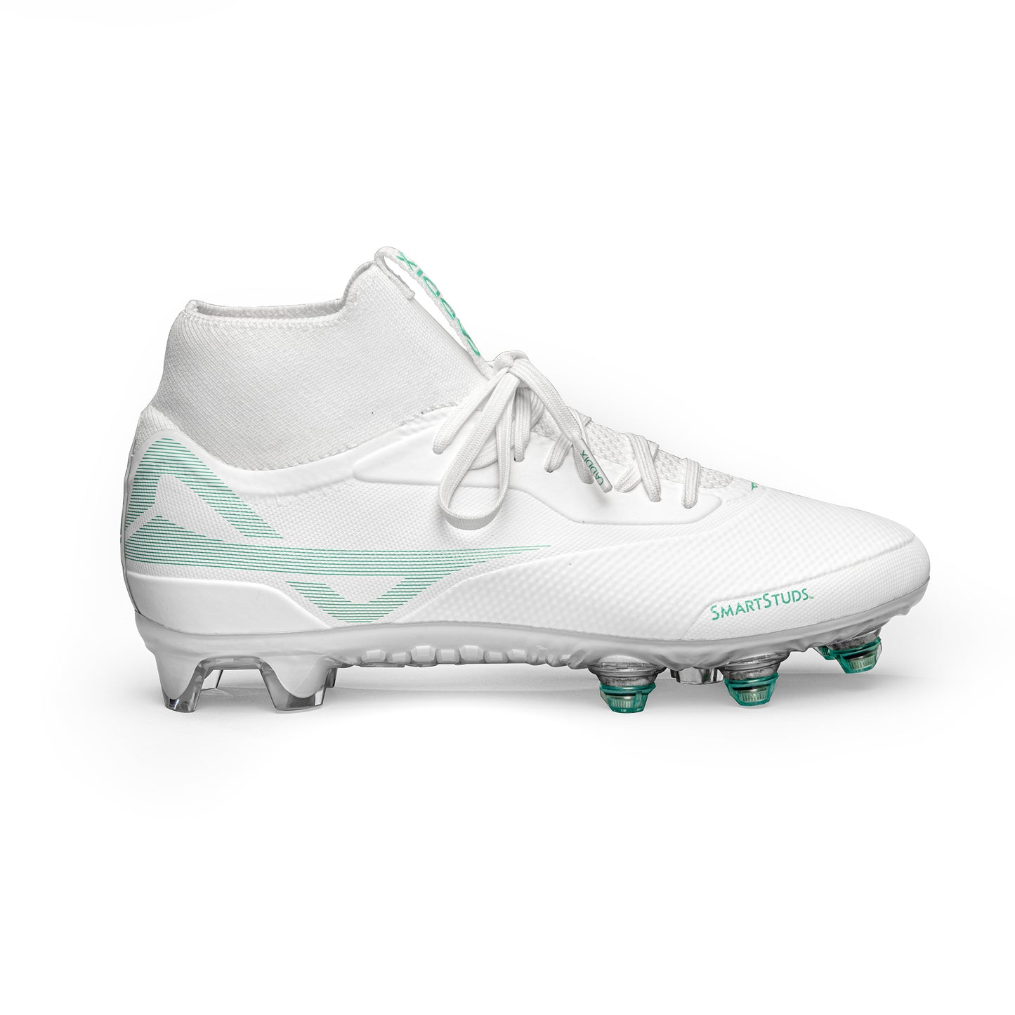 Side of women’s mid white/white cleats used by soccer and lacrosse players that reduce injuries using patented Smart Studs that spin and flex to reduce torque