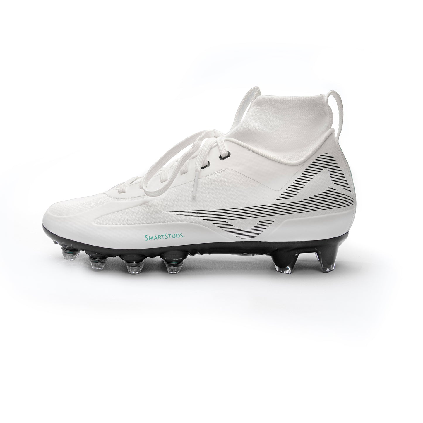 Outside of men’s mid white/black football and lacrosse cleats with Caddix Smart Studs, patented to reduce injury-causing stress that leads to ACL tears