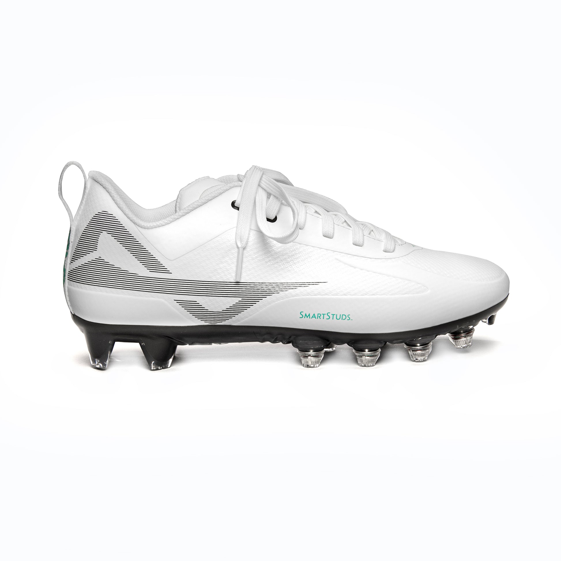 Caddix men’s white/black low football and lacrosse cleats outside view, featuring Smart Studs that can reduce non-contact ACL injuries