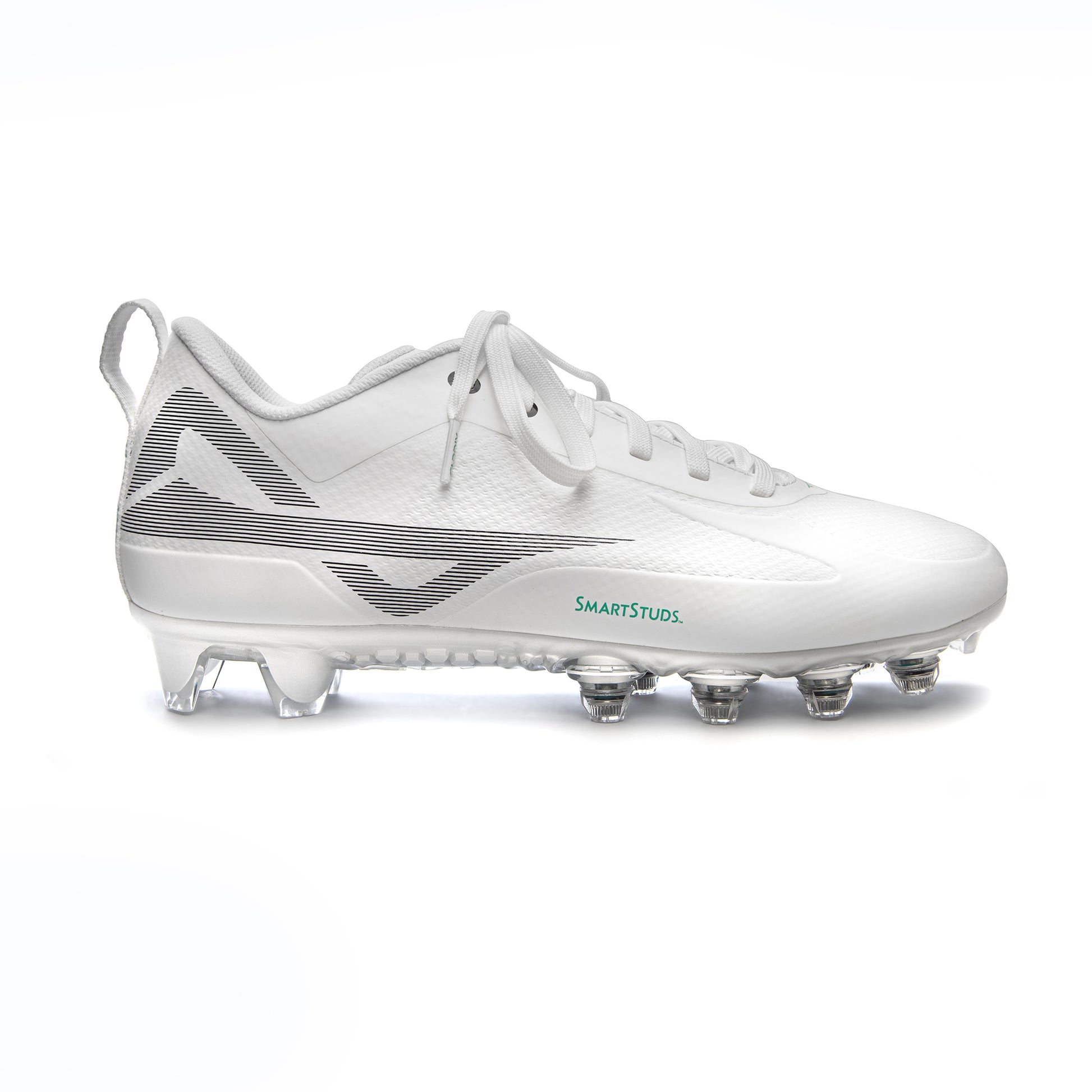 Outside view of Caddix white/white men’s low football and lacrosse cleats, with patented Smart Studs that reduce stress that can cause non-contact ACL injuries
