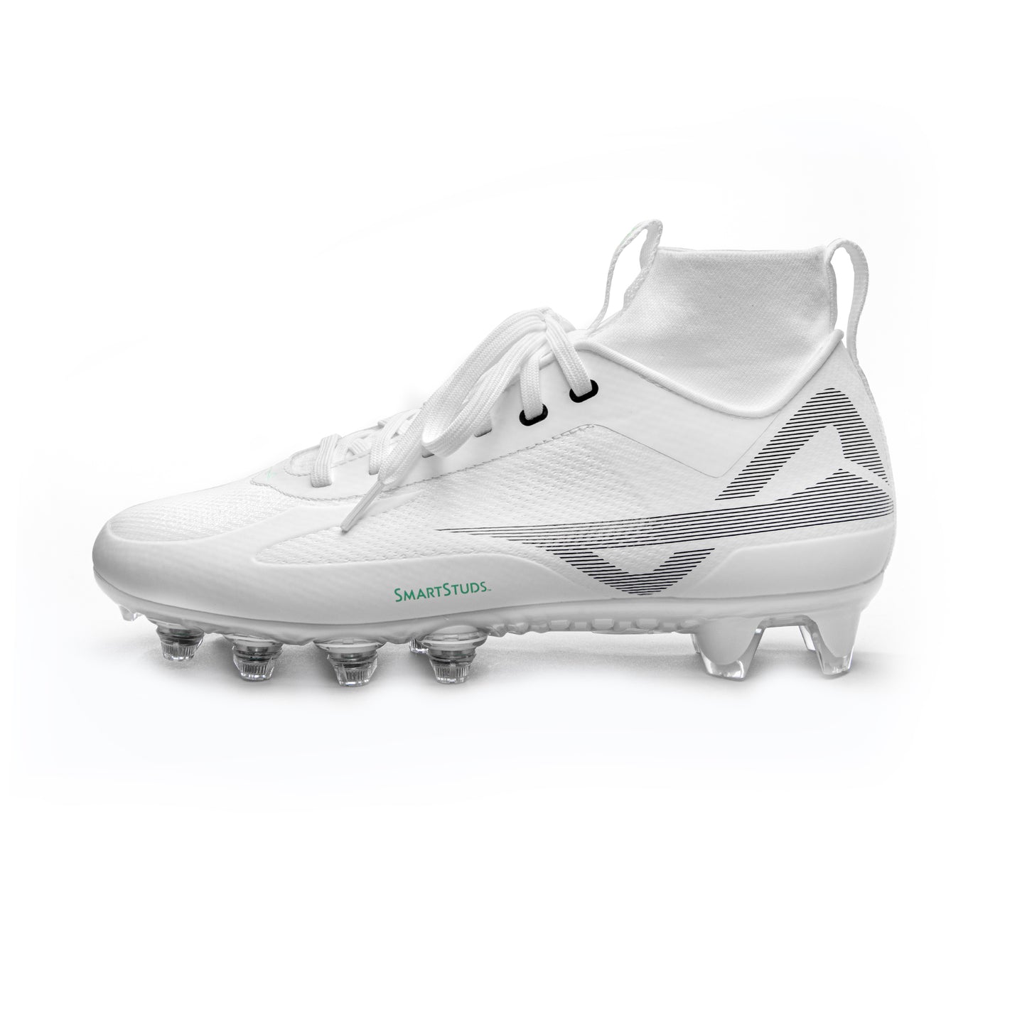 Side view of mid men’s white/white football and lacrosse cleats from Caddix, with patented Smart Studs that flex and spin to reduce ACL and ankle injuries