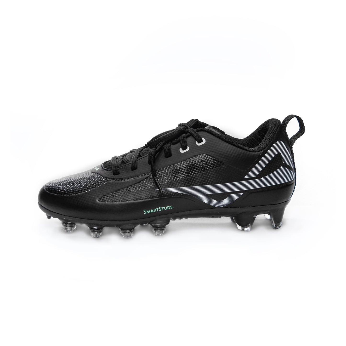 Outside view of black/black men’s low Caddix football and lacrosse cleats. Extra padding for comfort and patented Smart Studs that reduce ACL injuries
