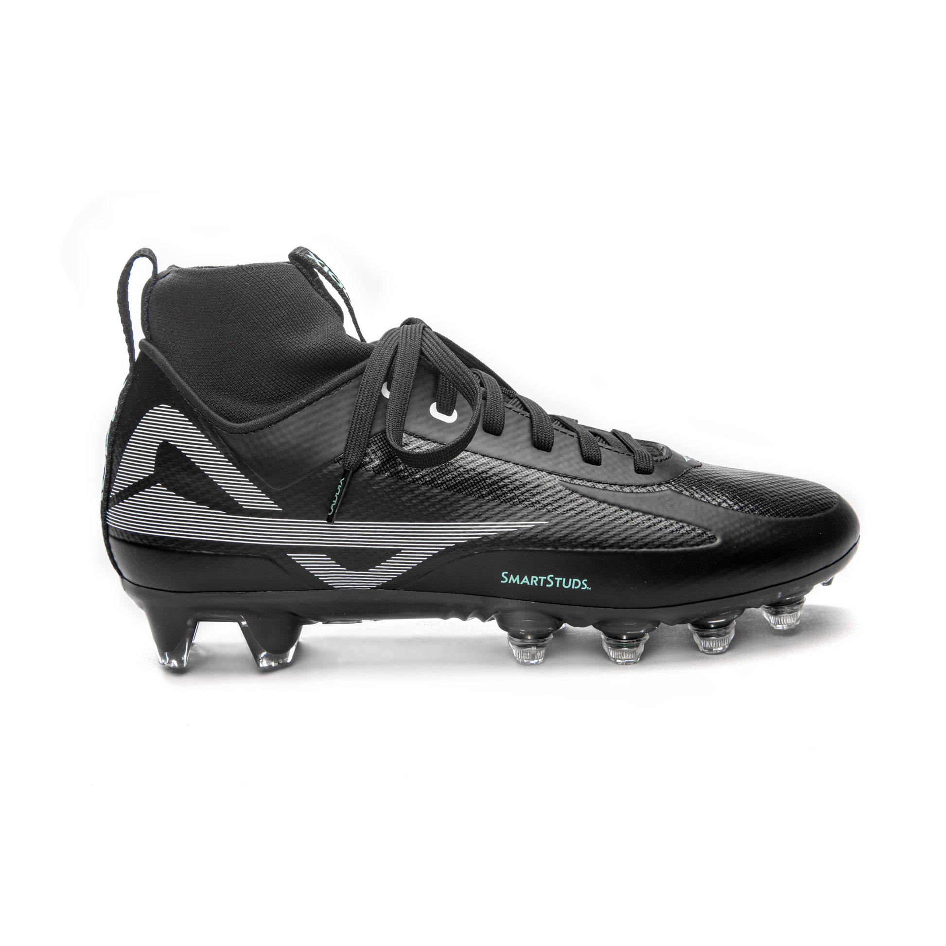 Lateral side of Caddix men’s black/black mid cleats for football and lacrosse, with patented Smart Studs that flex and spin to reduce ACL injuries