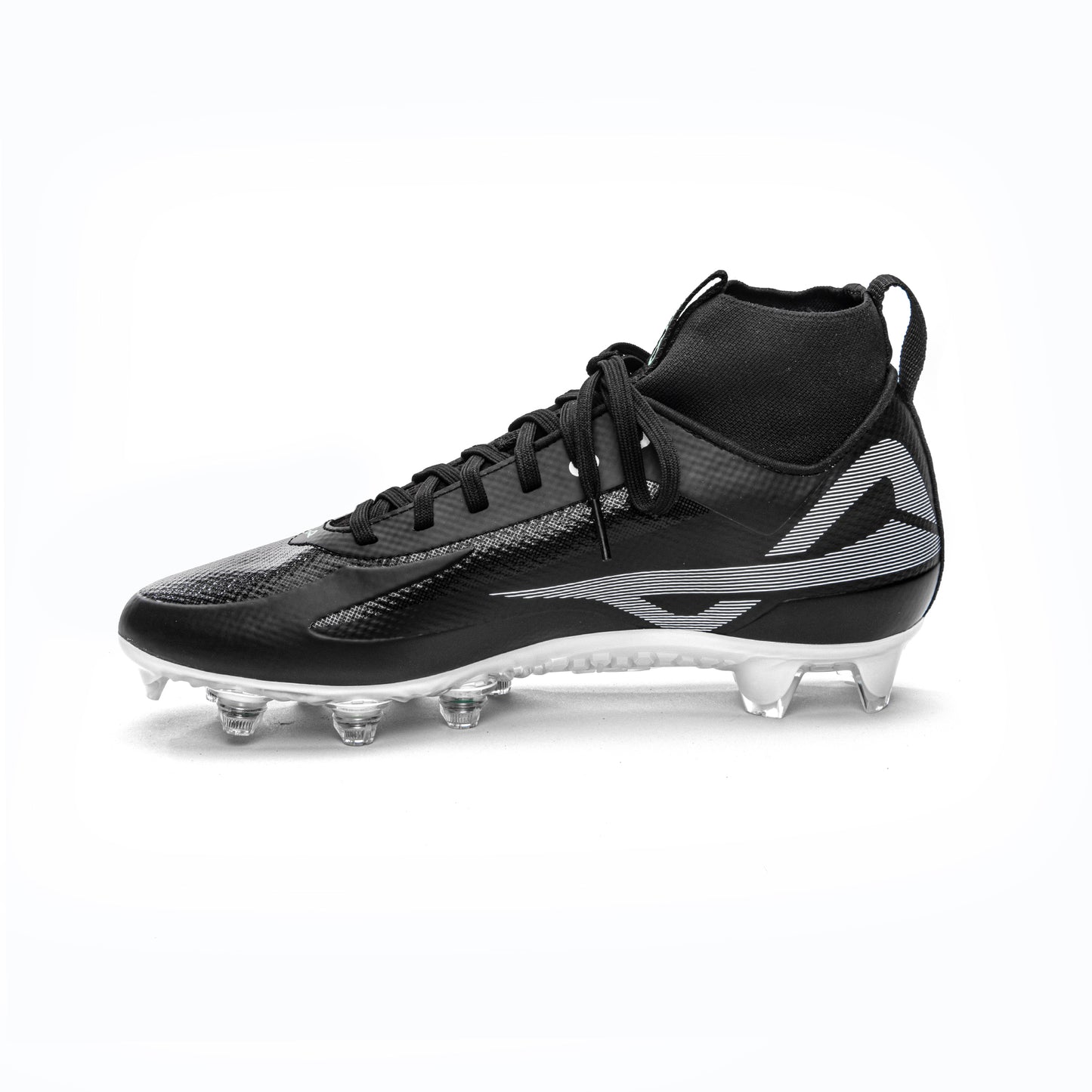 Medial side of black/white Caddix men’s mid cleat used for football and lacrosse – with patented Smart Studs technology that reduces chance of ACL tears