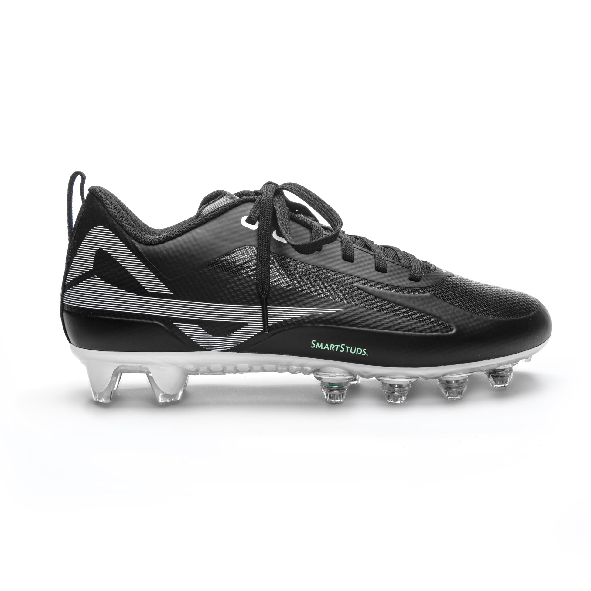 Lateral side of Caddix black/white men’s football and lacrosse low cleats with patented Smart Studs that reduce ACL injuries and provide for faster release