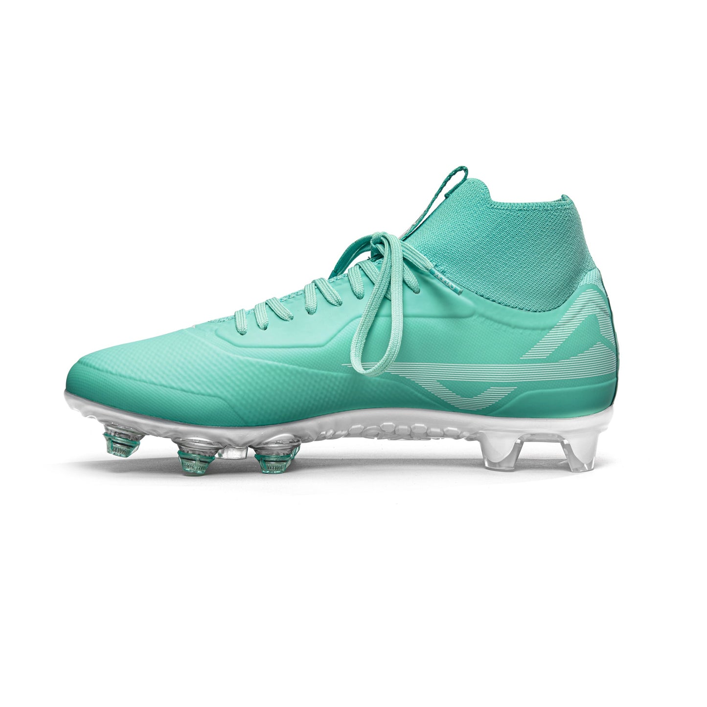 Medial side of teal/white Caddix women’s mid cleat used for soccer and lacrosse – with patented Smart Studs technology that reduces chance of ACL tears