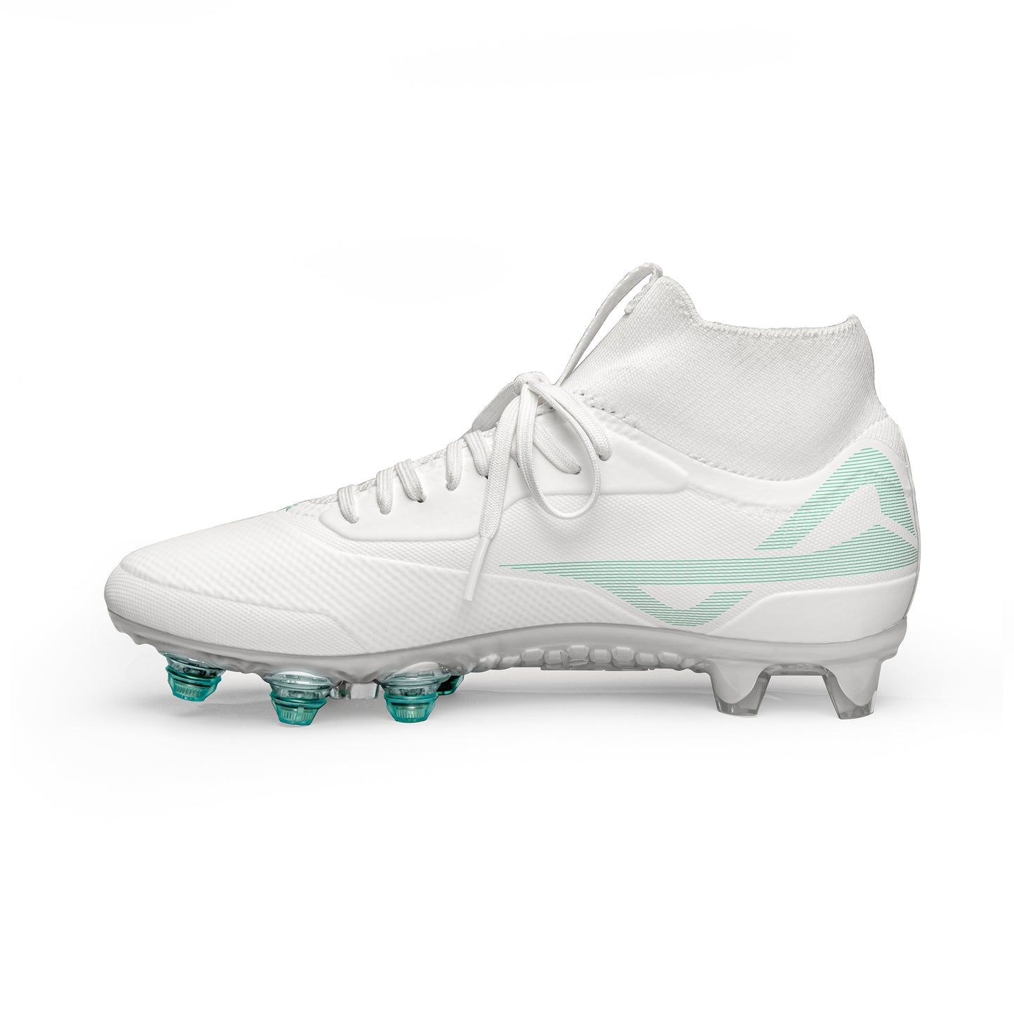 Lateral side of women’s mid white/white Caddix cleat used for soccer and lacrosse – with patented Smart Studs that spin and flex to reduce chance of ACL tears