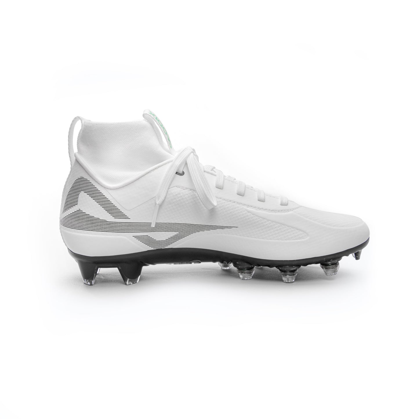 Medial side of Caddix white/black mid men’s football and lacrosse cleats, featuring patented Smart Studs that reduce ACL injuries by flexing and spinning