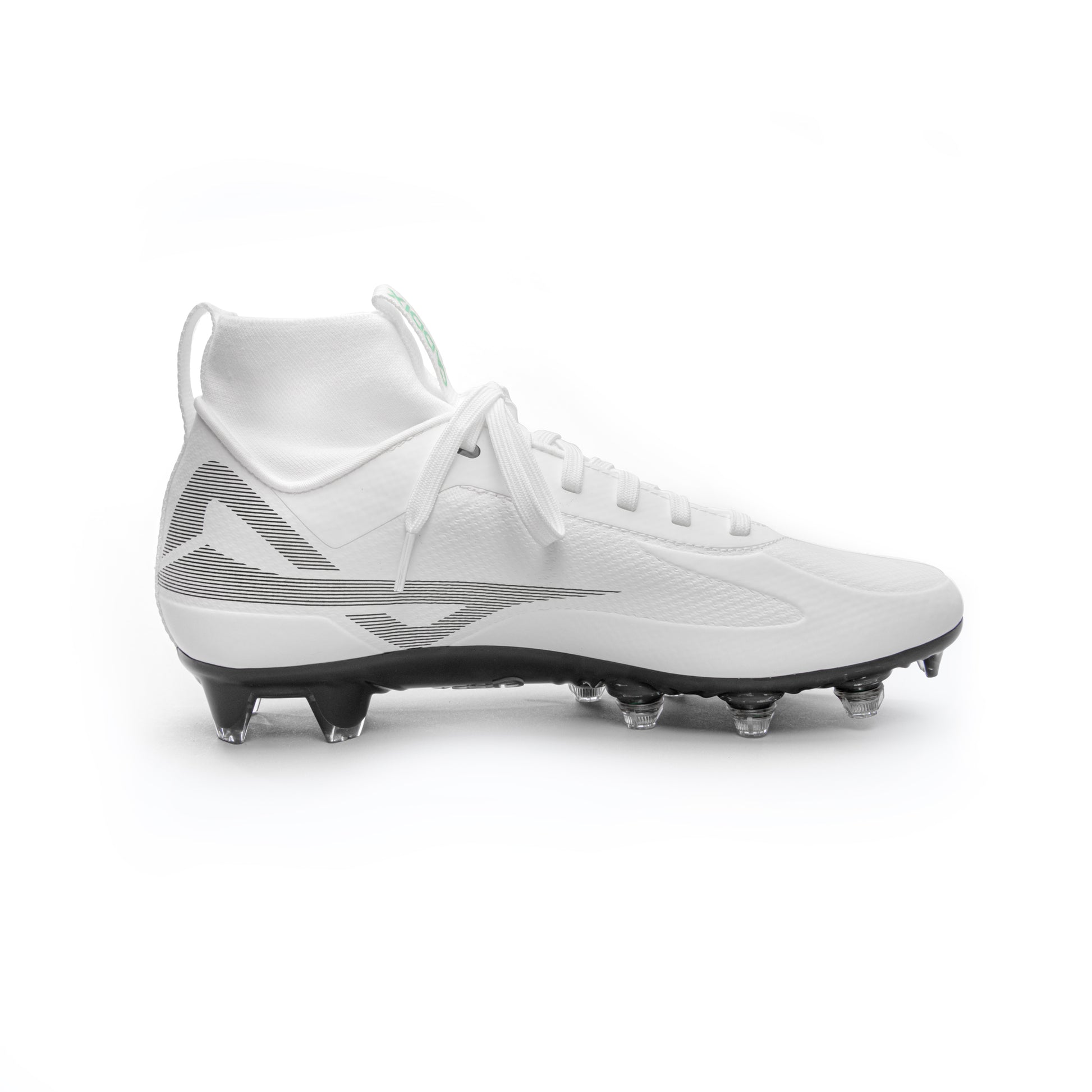 Medial side of Caddix white/black mid men’s football and lacrosse cleats, featuring patented Smart Studs that reduce ACL injuries by flexing and spinning