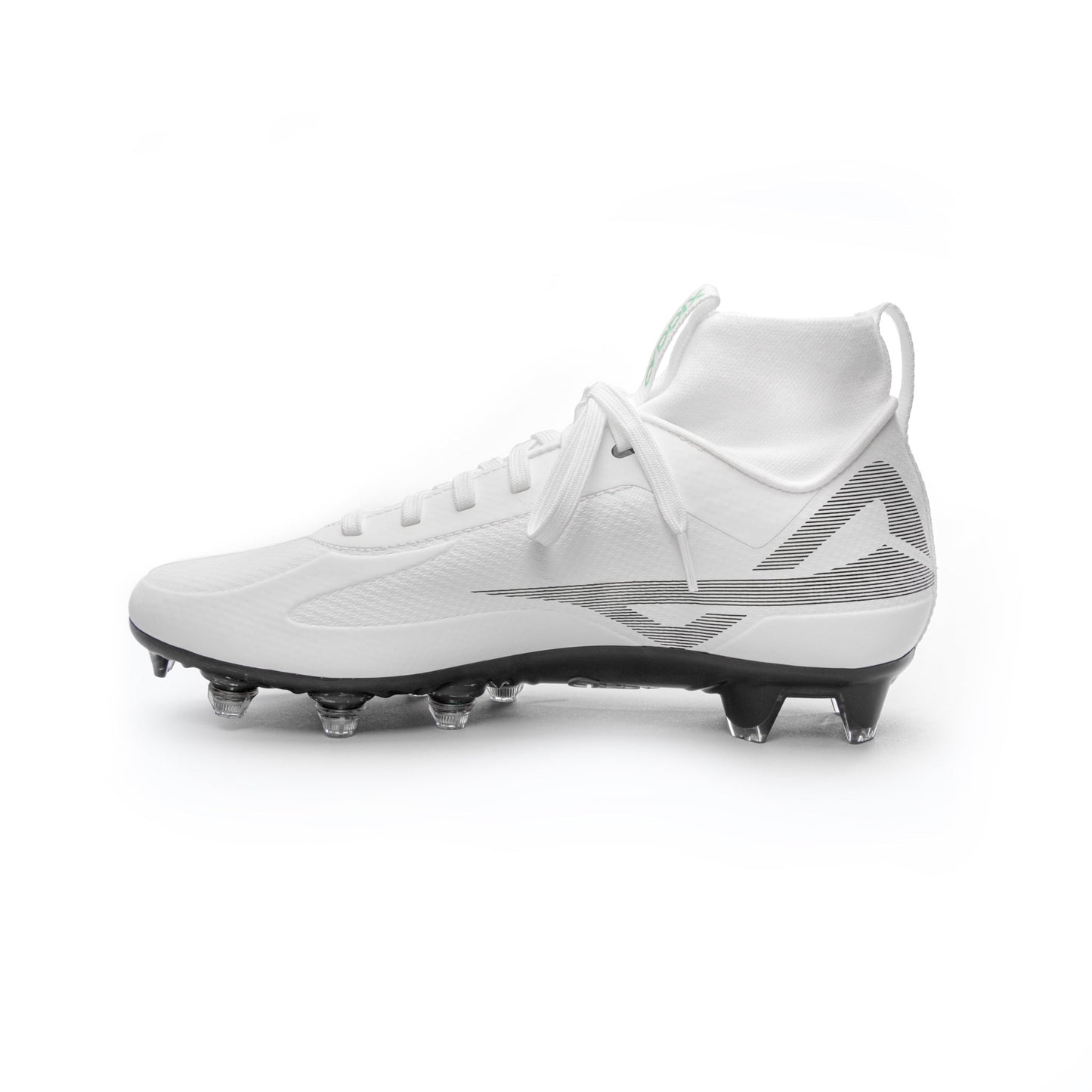 Medial side of Caddix white/black mid men’s football and lacrosse cleats, featuring patented Smart Studs that reduce ACL injuries by flexing and spinning