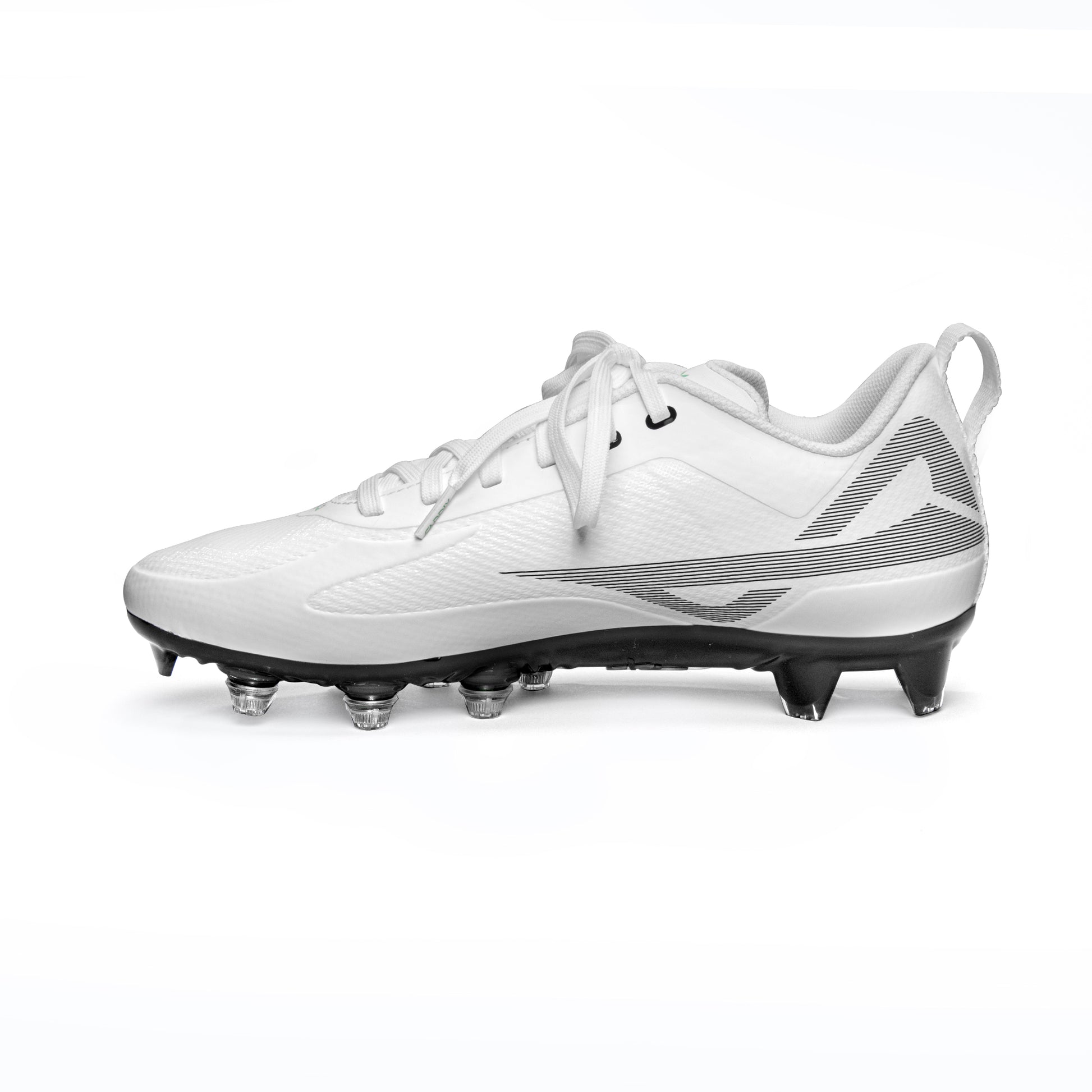 Inside view of Caddix white/black men’s low football and lacrosse cleats with patented Smart Studs that reduce the torque that causes non-contact ACL injuries