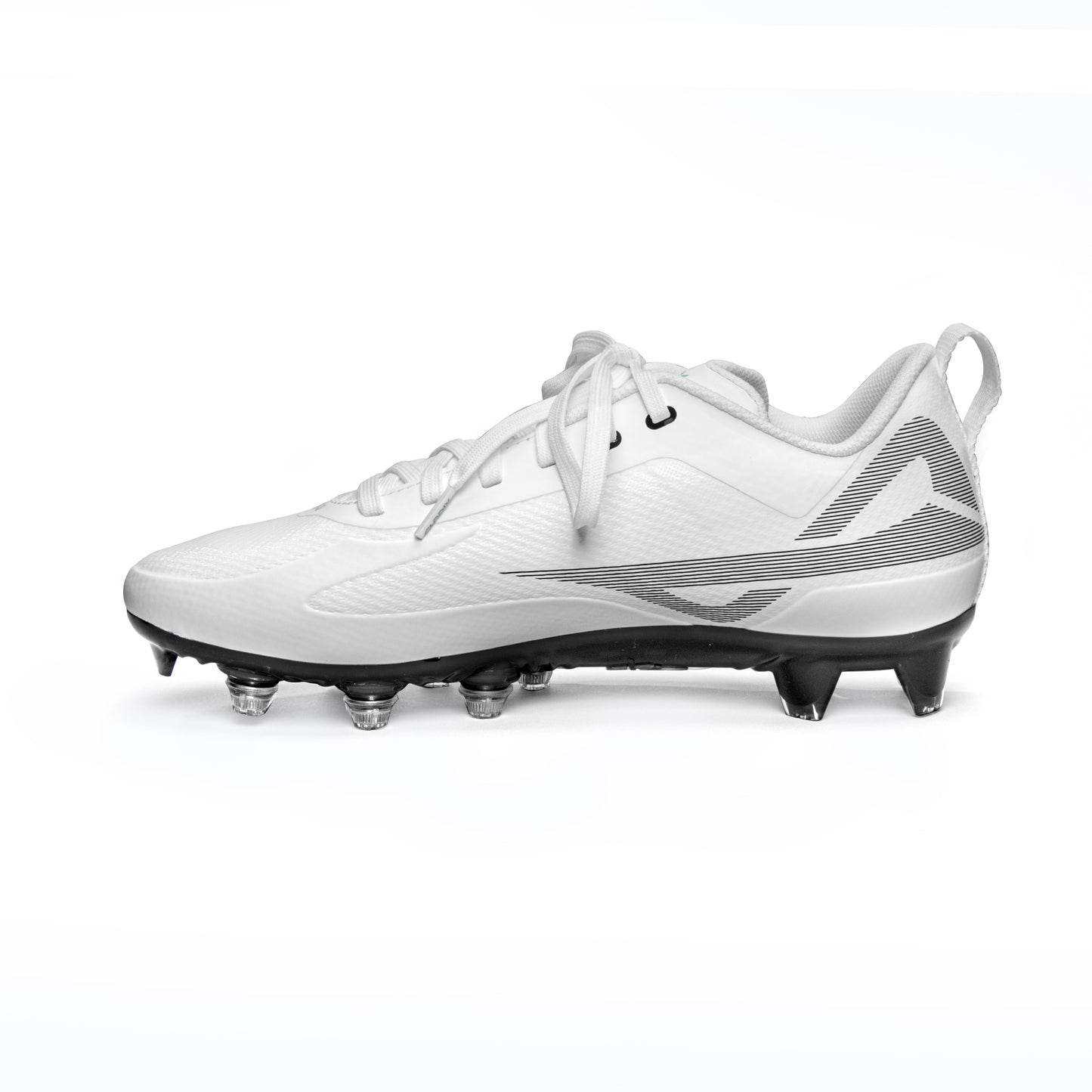 Inside view of Caddix white/black men’s low football and lacrosse cleats with patented Smart Studs that reduce the torque that causes non-contact ACL injuries