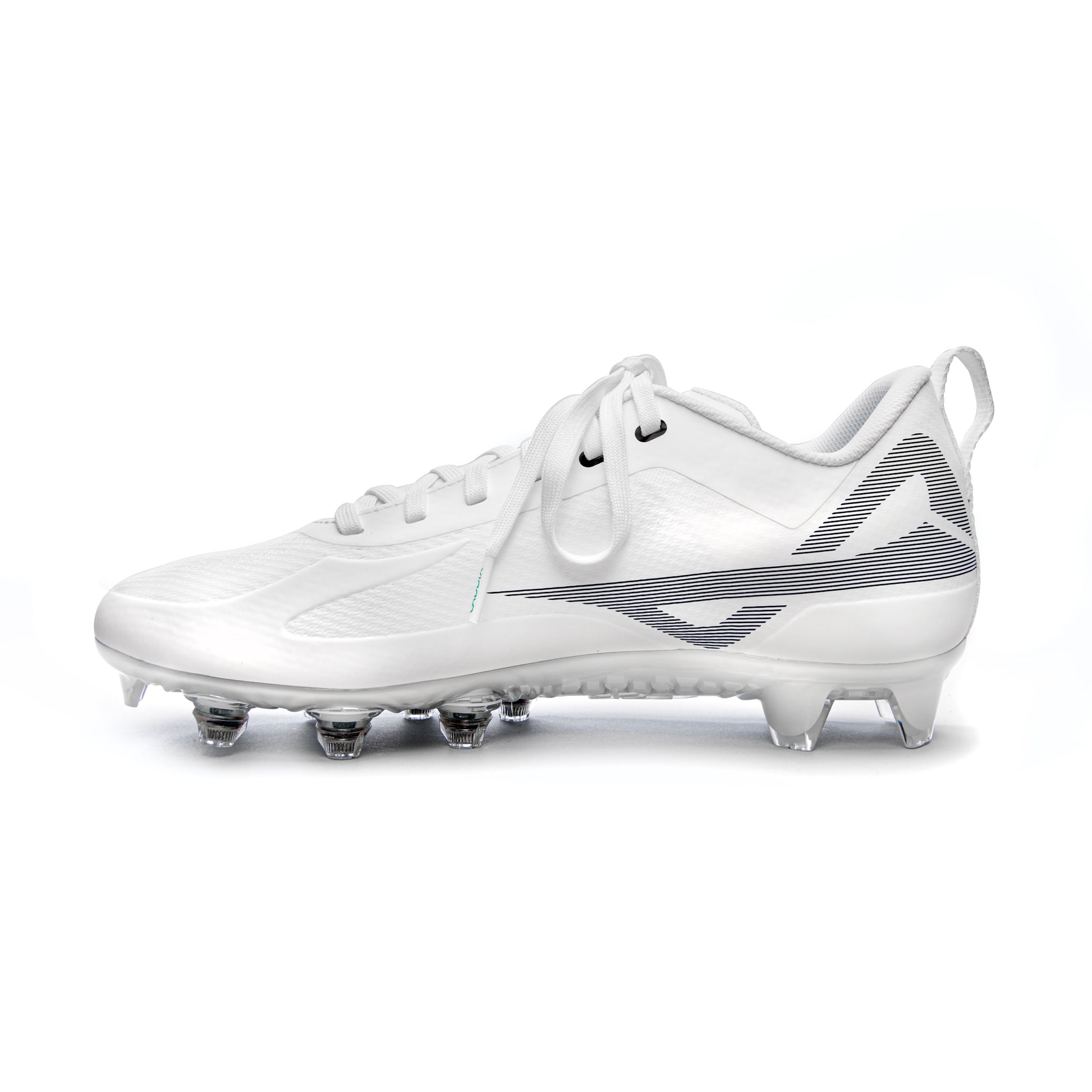 Caddix white/white men’s low football and lacrosse cleats side view, with patented Smart Studs that reduce injury-causing torque created by traditional cleats