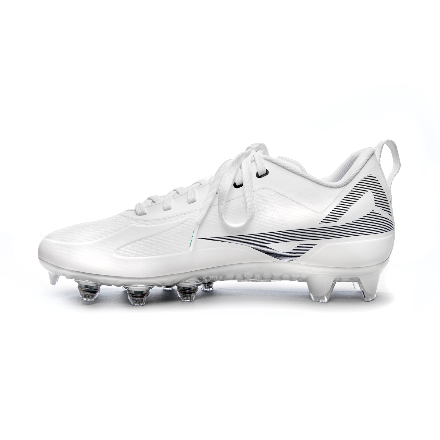 Caddix white/white men’s low football and lacrosse cleats side view, with patented Smart Studs that reduce injury-causing torque created by traditional cleats