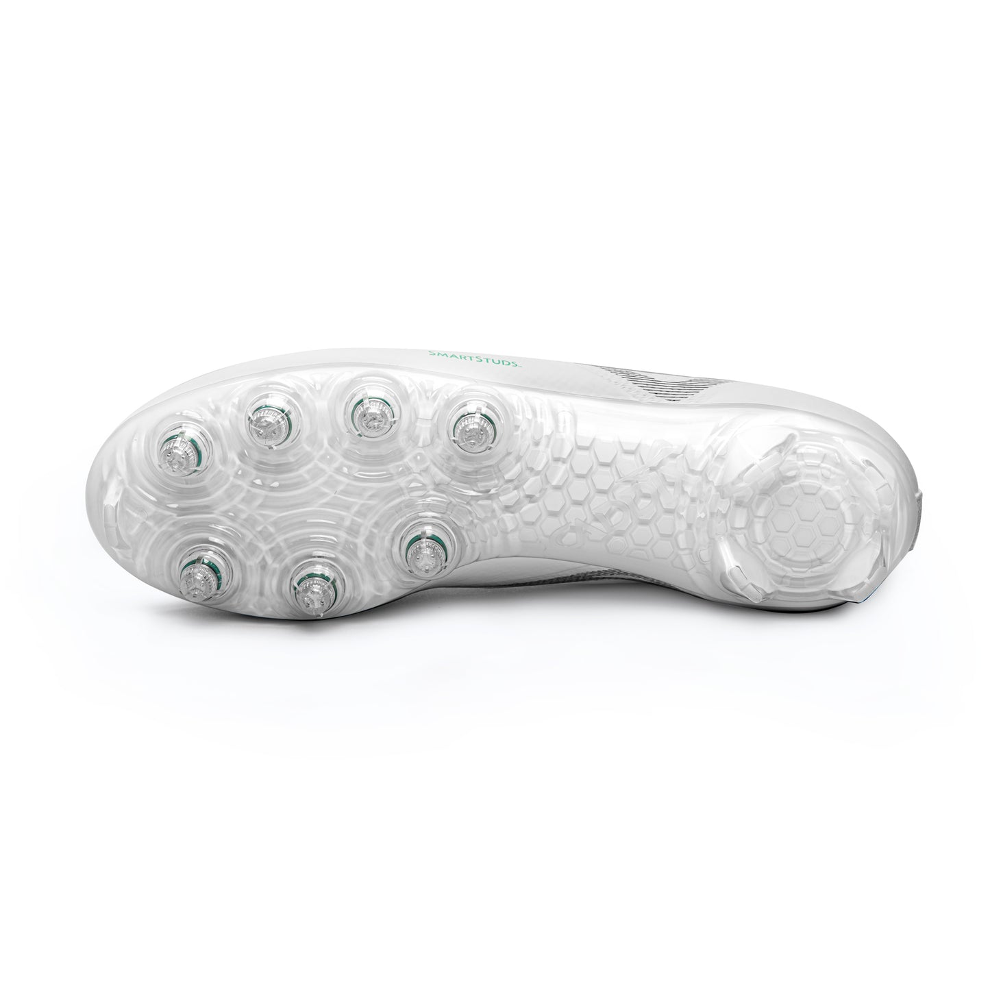 Bottom of Caddix white/white mid men’s football and lacrosse cleats showing clear plastic sole and seven patented Smart Studs that reduce ACL-tearing torque