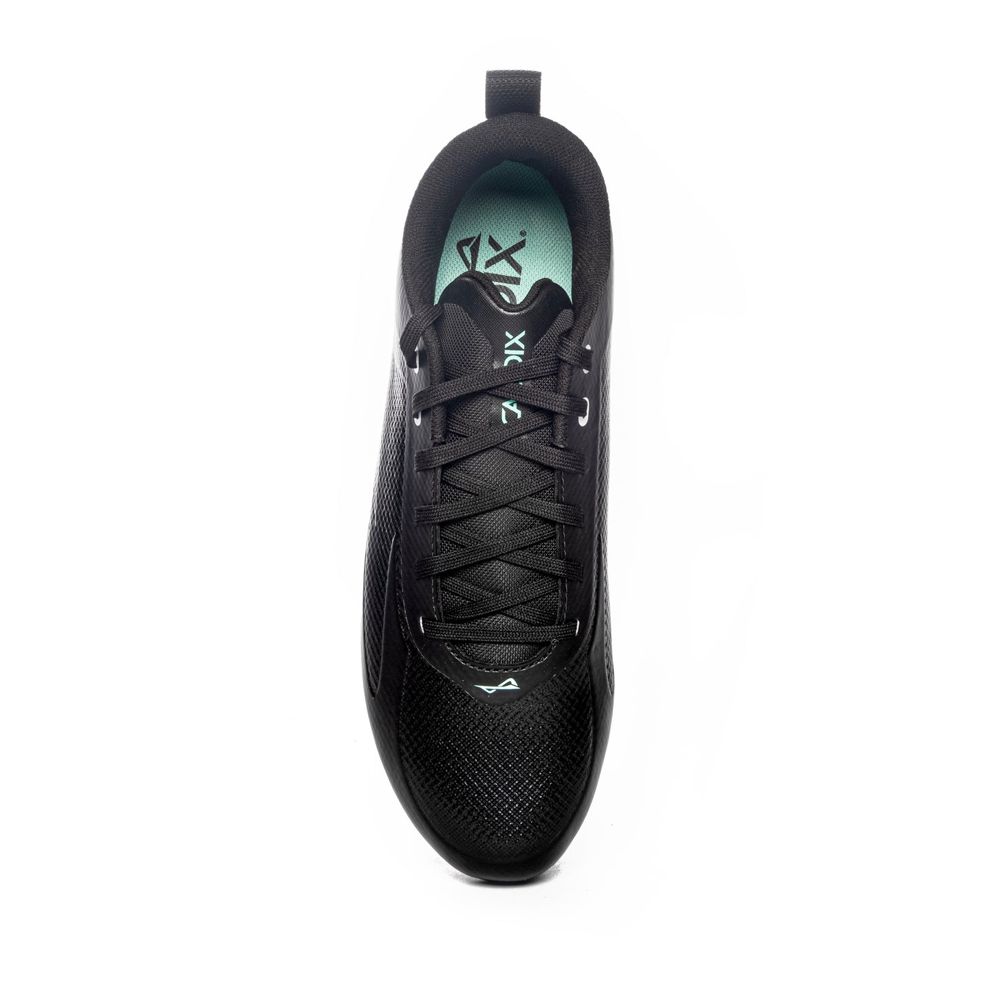 Overhead shot of Caddix black/black low men’s football and lacrosse cleats that reduce the lower-leg injuries with patented Smart Studs technology