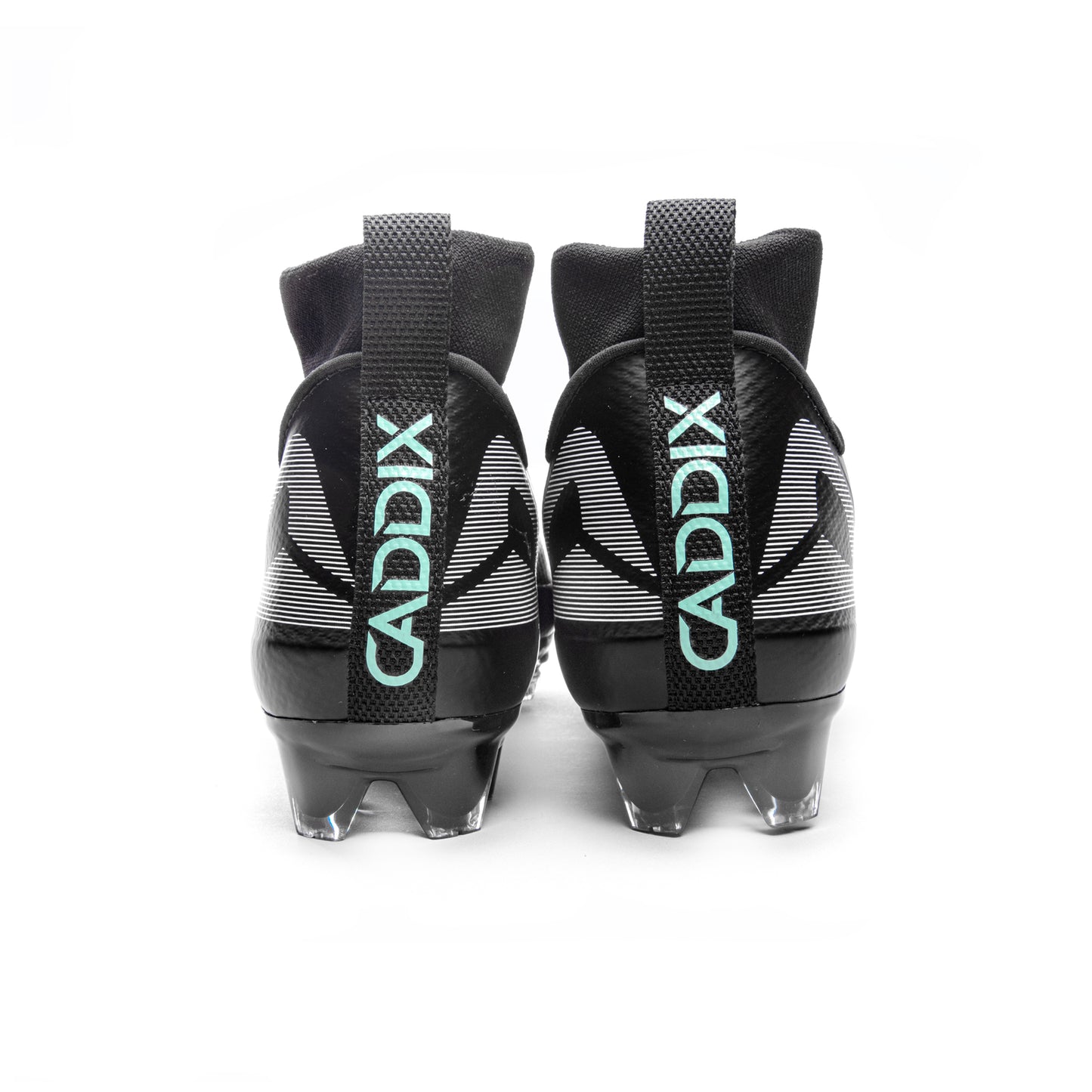 Caddix men’s black/black mid football and lacrosse cleats use patented Smart Studs to flex and spin to minimize injurious stress other cleats create