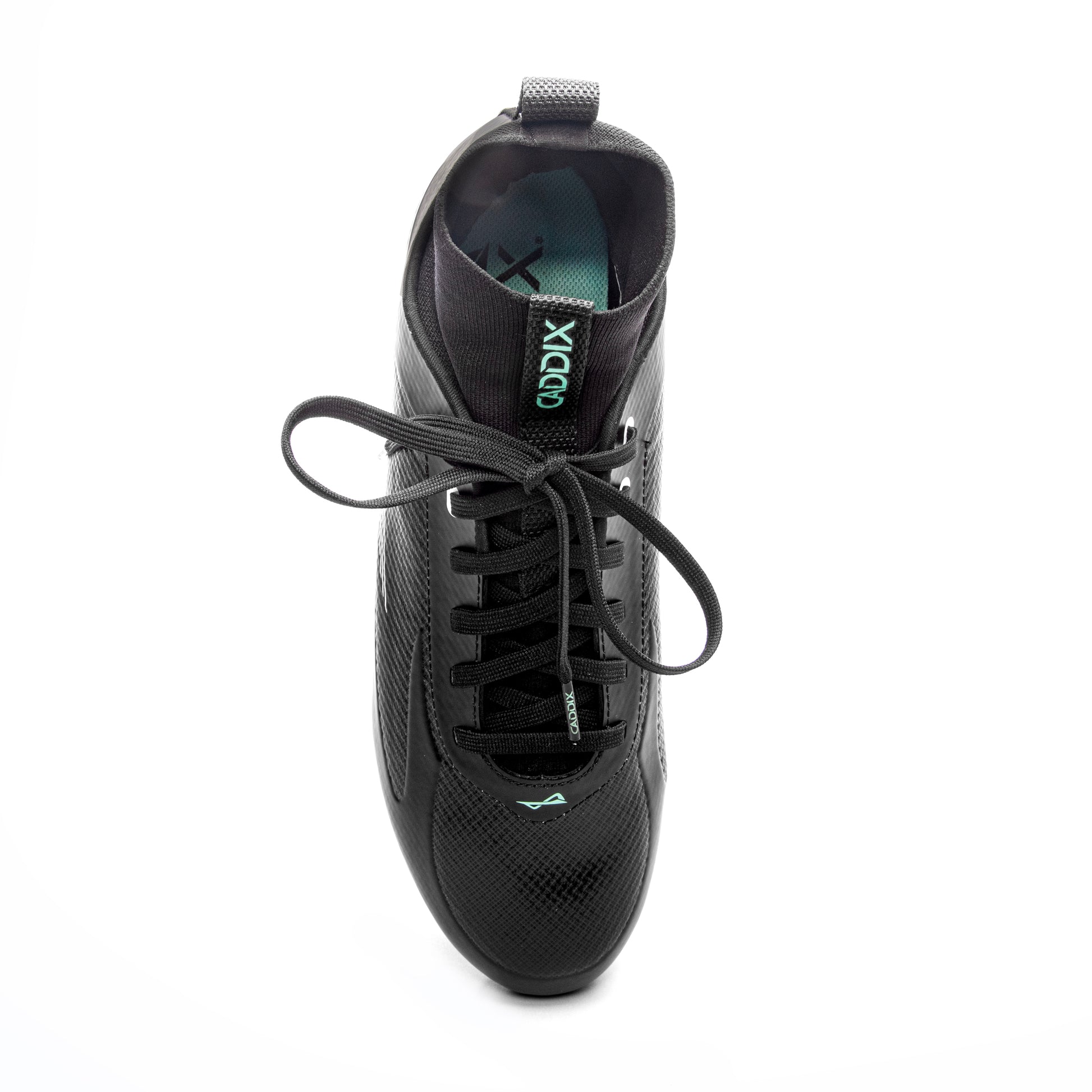 Photo of black/white Caddix mid men’s football and lacrosse cleats from above, used by elite athletes to reduce ACL tears thanks to patented Smart Studs