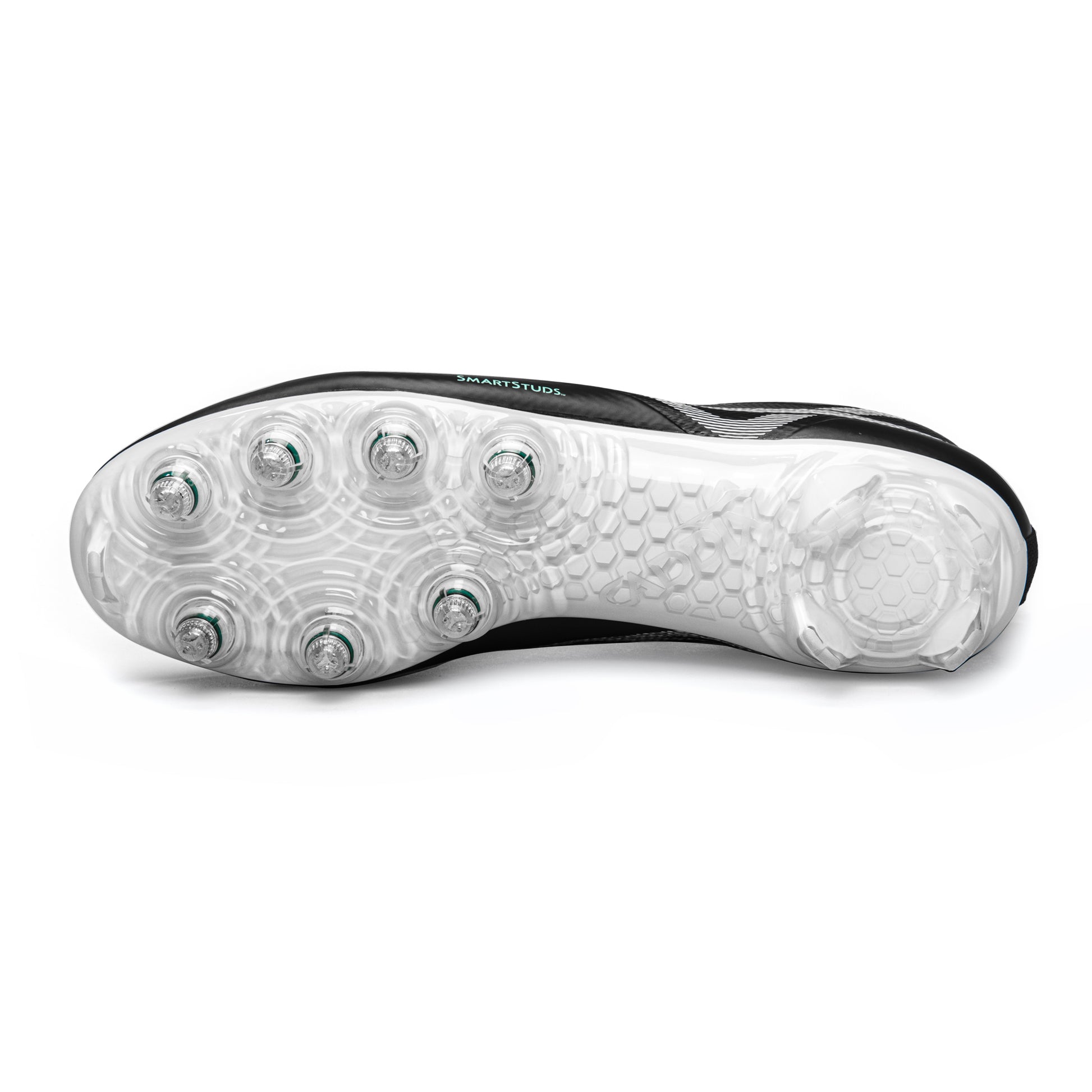 Bottom of black/white low men’s lacrosse and football cleats showing patented Caddix Smart Studs that flex and spin to reduce ACL tearing torque