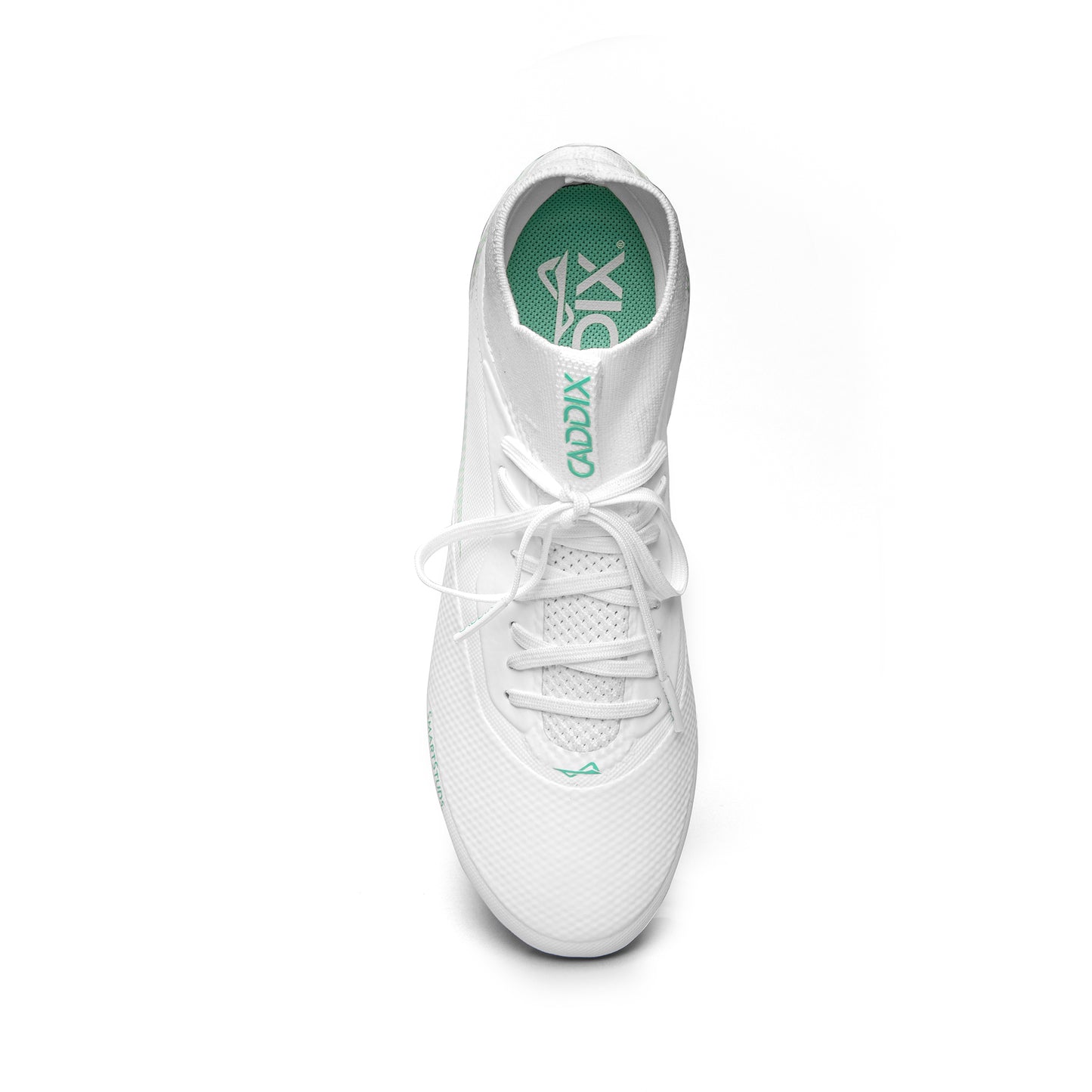 Overhead shot of mid white/white Caddix women’s soccer and lacrosse cleats, featuring patented Smart Studs, used by top athletes to reduce ACL tears