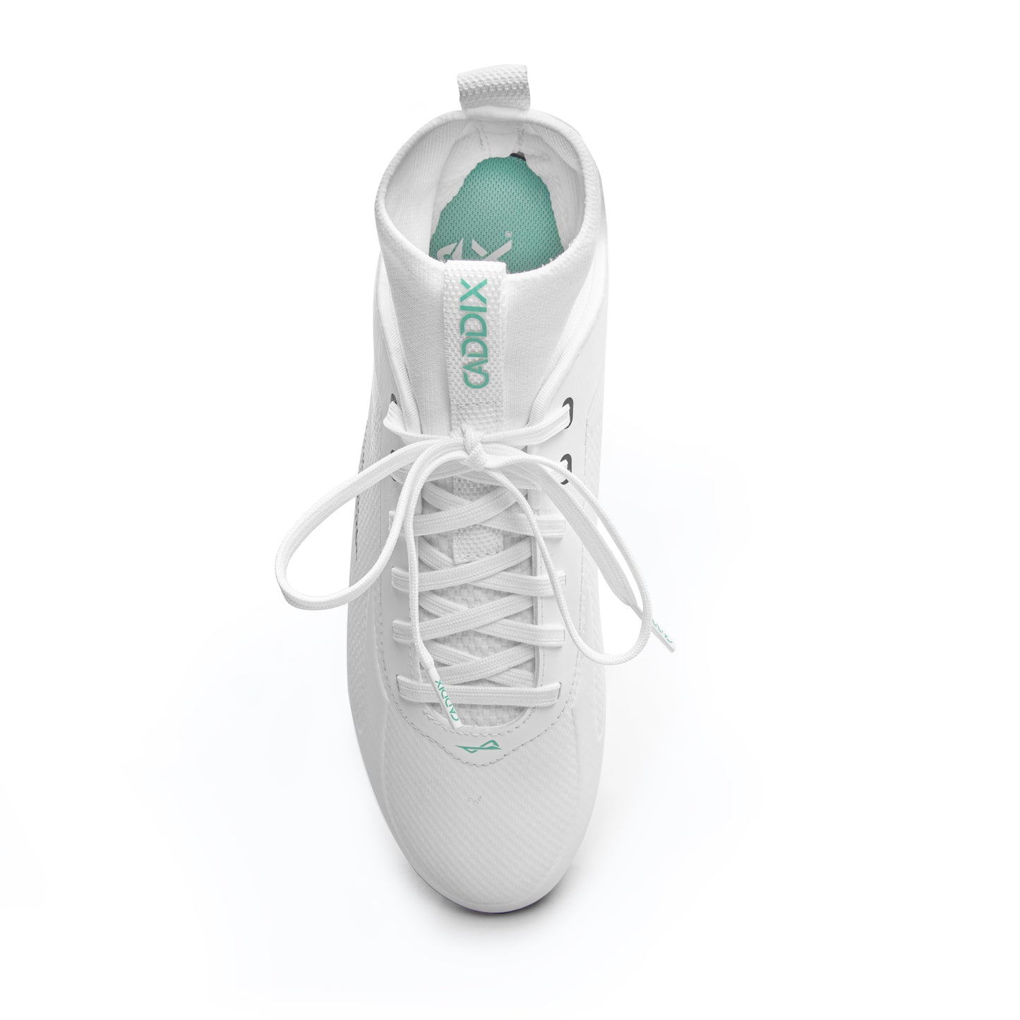 Looking down on white/black mid Caddix men’s football and lacrosse cleats that reduce ACL tears and ankle injuries via patented Smart Studs technology