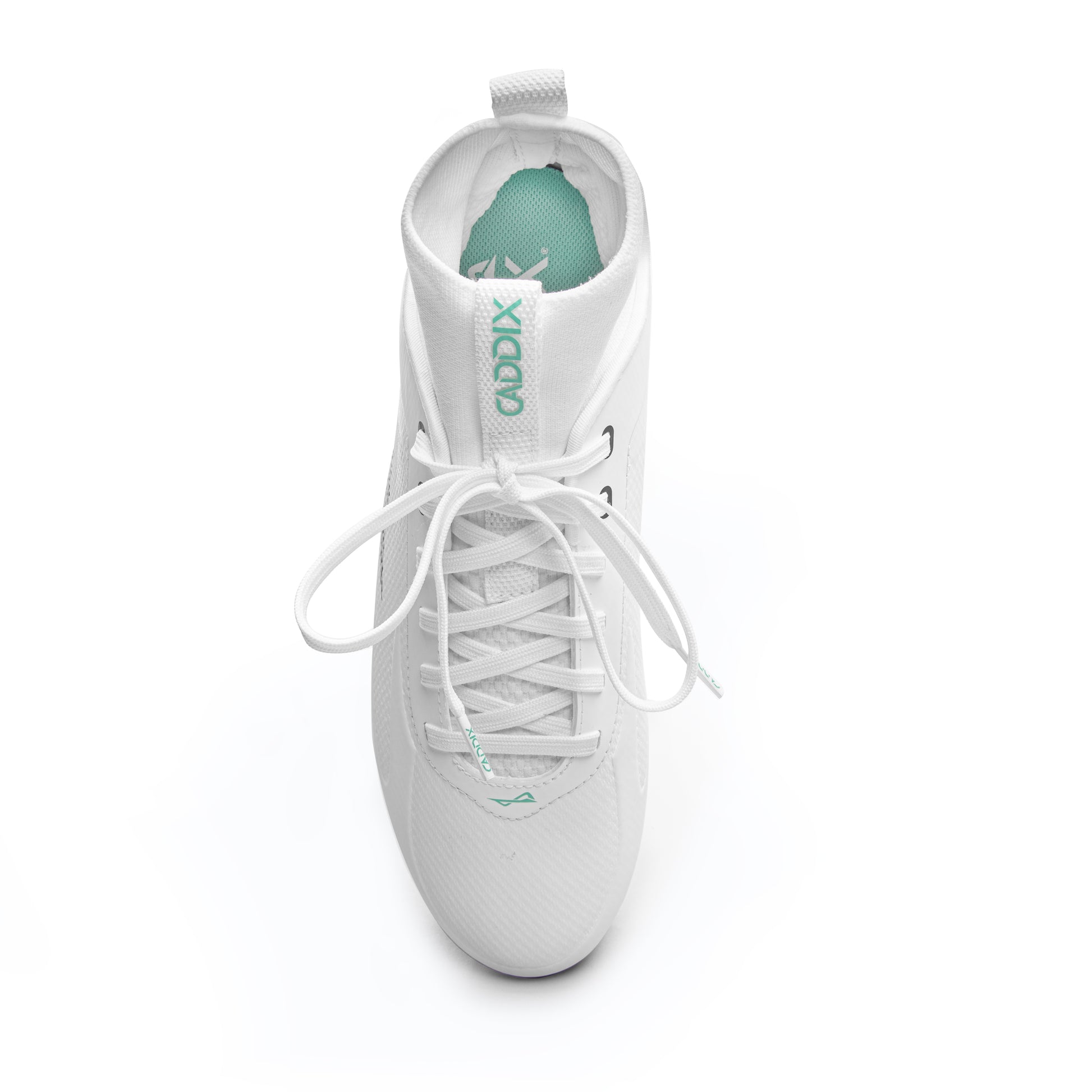 Looking down on white/black mid Caddix men’s football and lacrosse cleats that reduce ACL tears and ankle injuries via patented Smart Studs technology