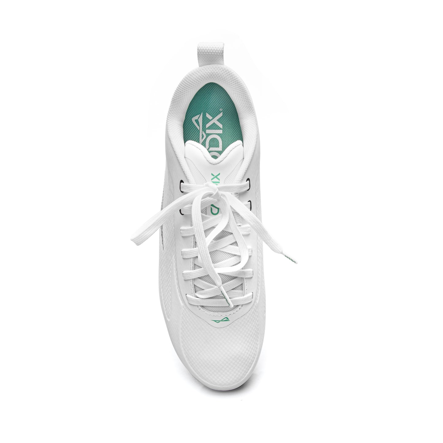 Top view of Caddix men’s white/white low football and lacrosse cleats that reduce the lower-leg stress other cleats cause that leads to ACL and ankle injuries