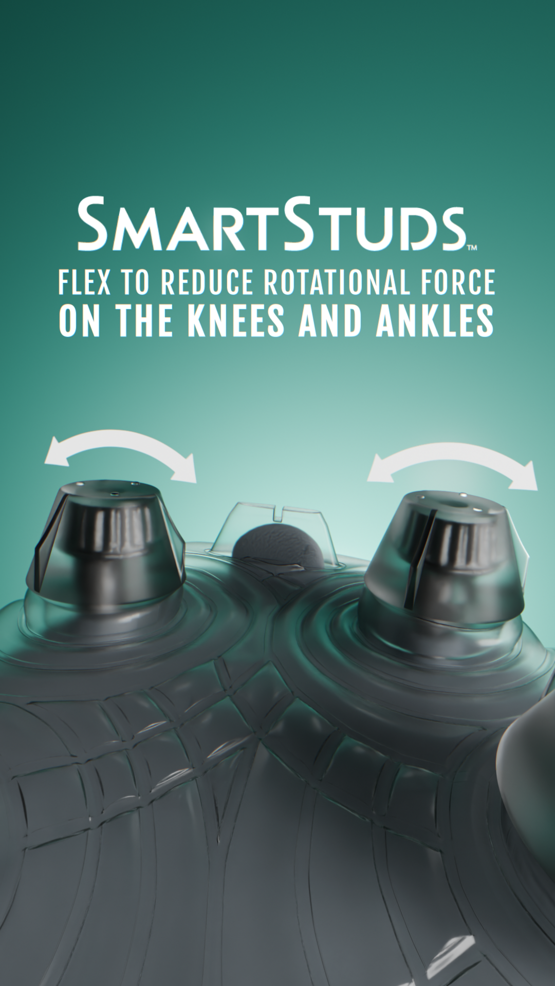Graphic of the side-to-side and spinning action of patented Smart Studs found on Caddix mid teal/white women’s soccer and lacrosse cleats to reduce injuries