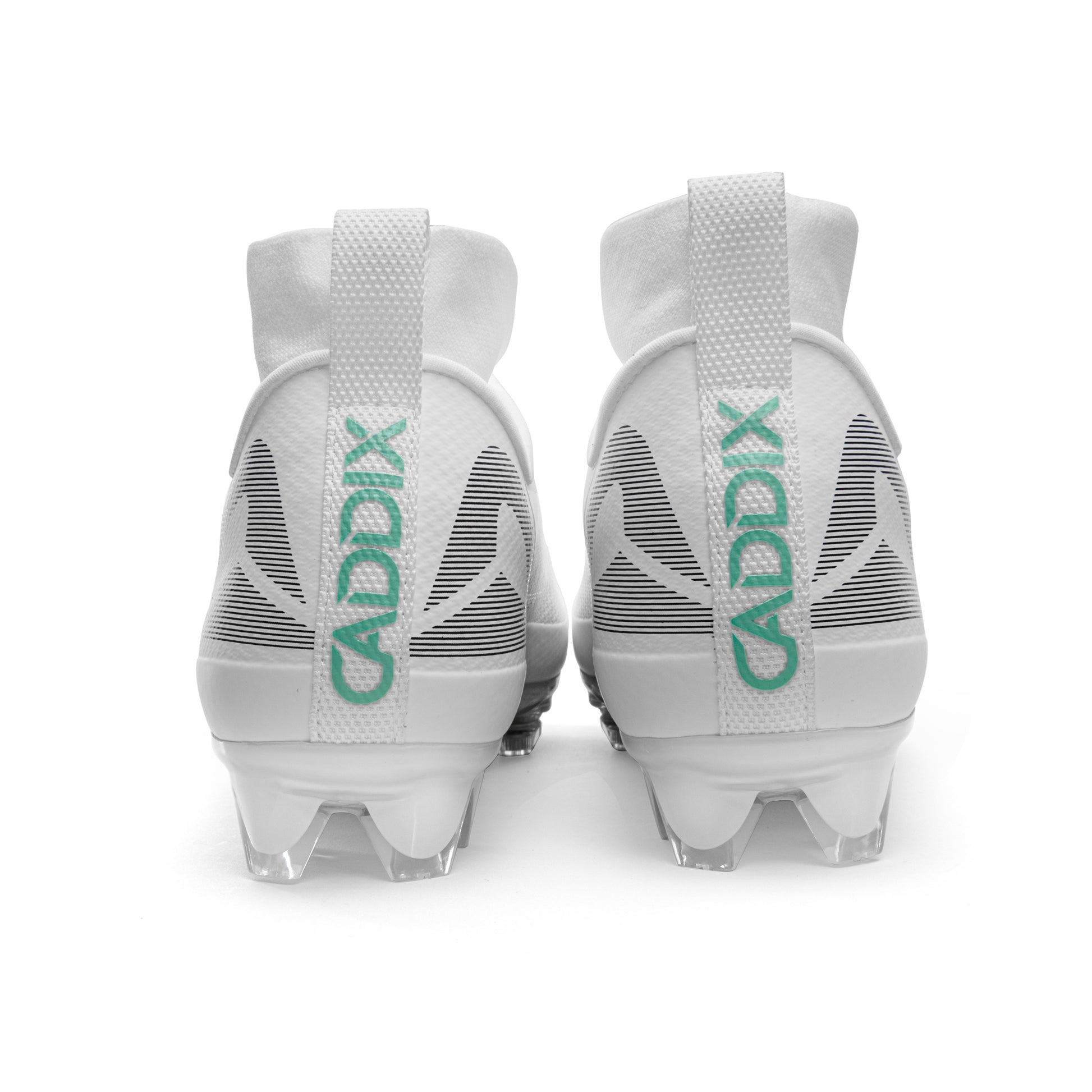 Shown from behind, a pair of Caddix white/white men’s mid cleats for football and lacrosse that minimize injurious stress using patented Smart Studs