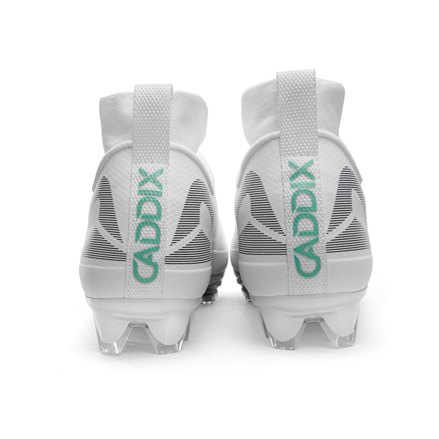 Back of Caddix SmartStuds mid cut football lacrosse cleats for knee injury prevention in white