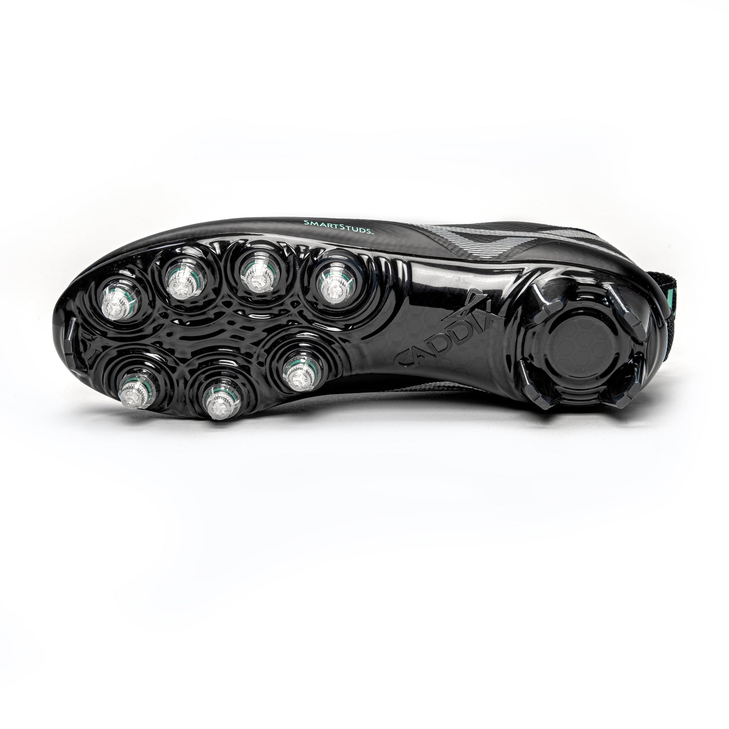 Bottom of Caddix men’s low black/black lacrosse and football cleats, with patented Smart Studs that reduce the torque that causes ACL tears and ankle injuries
