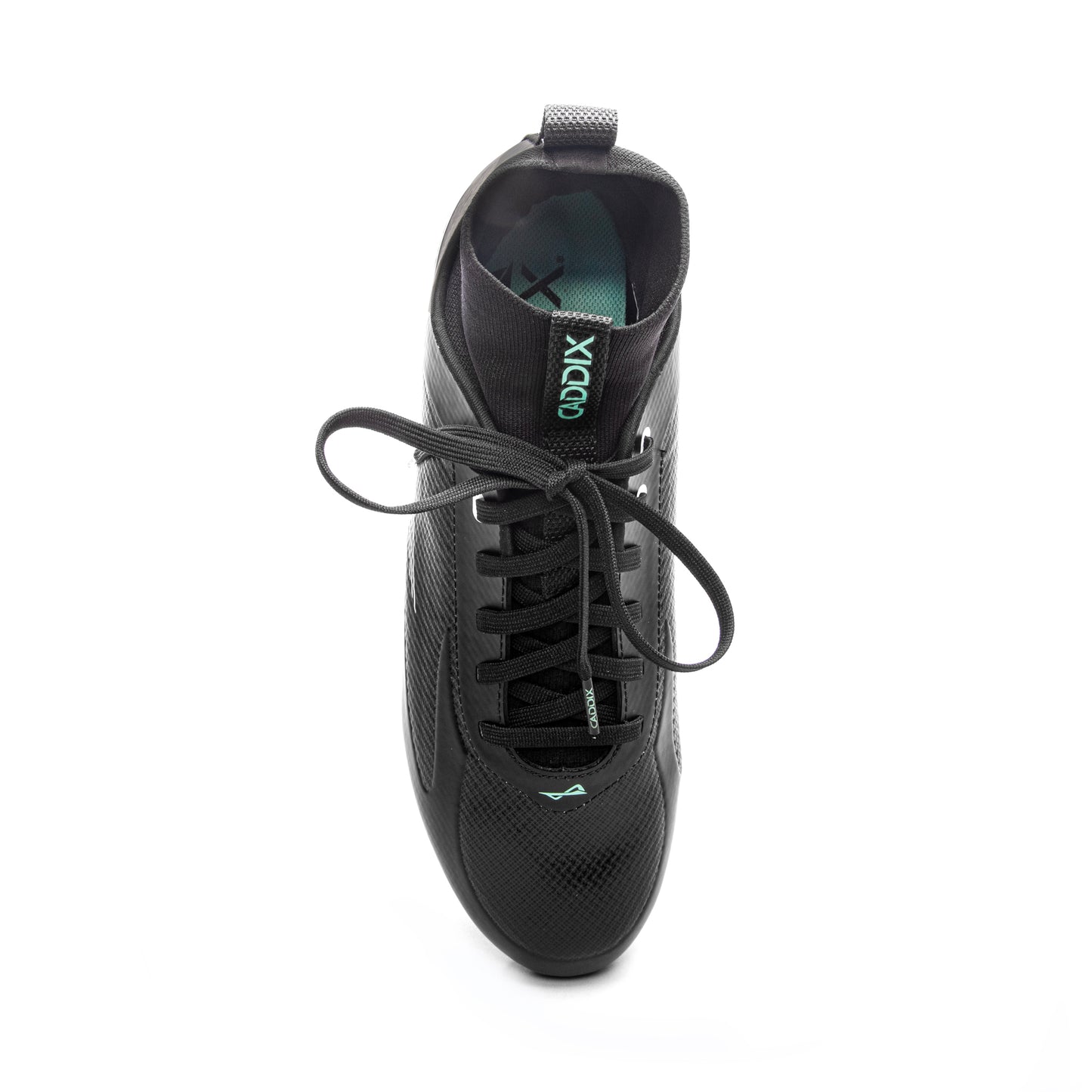 Top view of Caddix men’s football and lacrosse mid black/black cleats that reduce ankle injuries and ACL-tears using patented Smart Studs technology