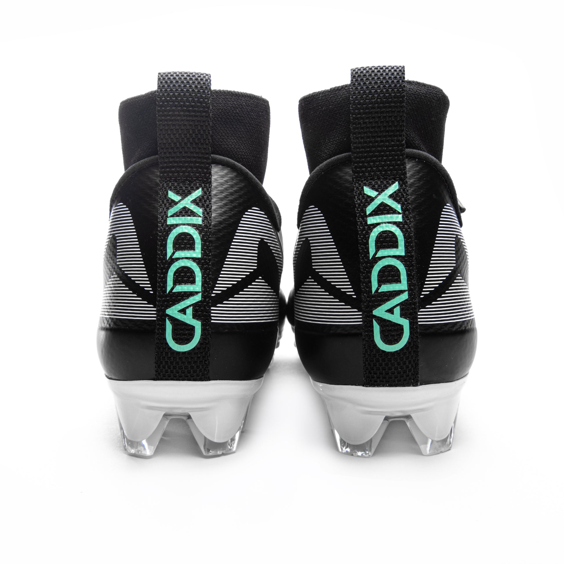 Caddix-branded pair of men’s mid black/white cleats used for football and lacrosse—-Smart Studs minimize injurious stress other cleats create
