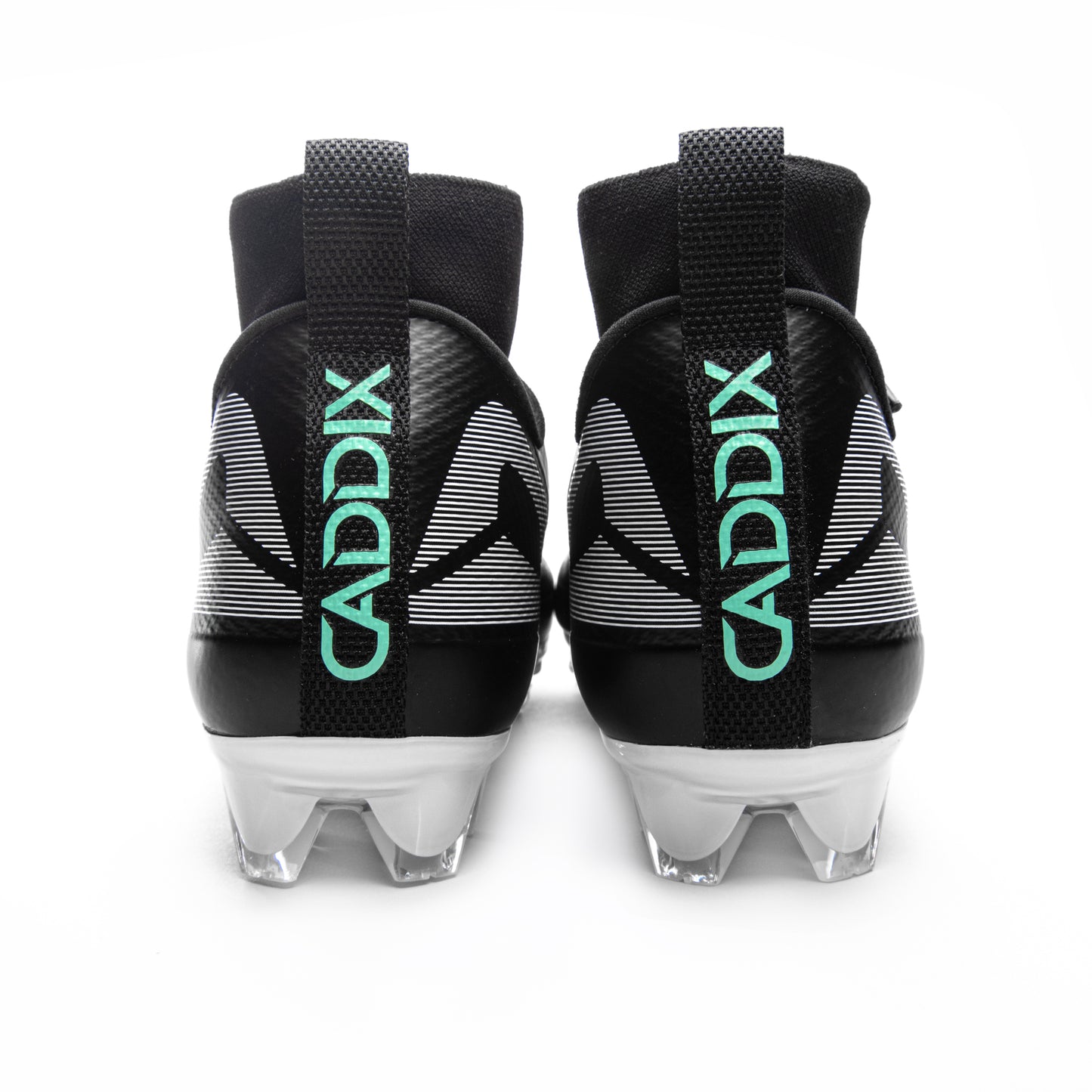Caddix-branded pair of men’s mid black/white cleats used for football and lacrosse—-Smart Studs minimize injurious stress other cleats create