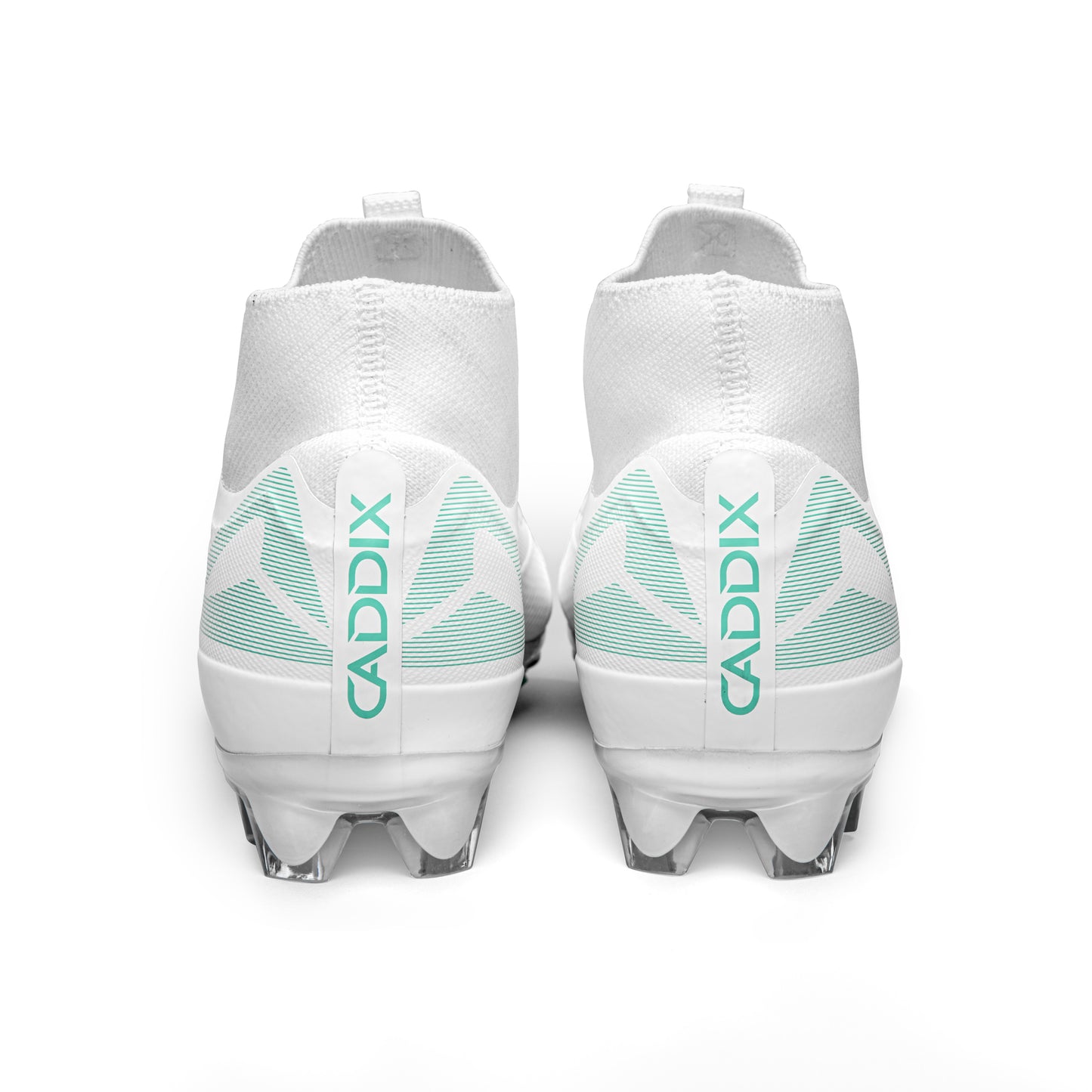 Caddix-branded white/white women’s mid cleats used in soccer and lacrosse—-with patented Smart Studs that minimize injuries other cleats cause