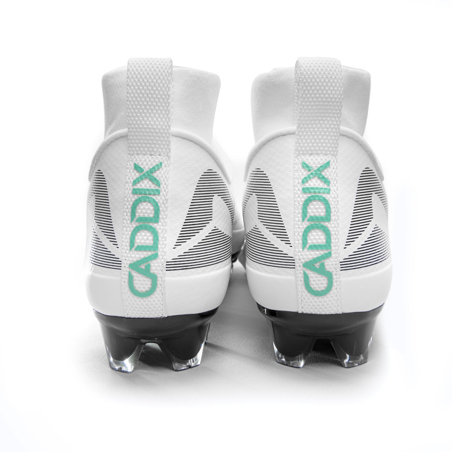 Rear view of pair of Caddix men’s mid white/black cleats for football and lacrosse that use patented Smart Studs that flex and spin to minimize injurious stress