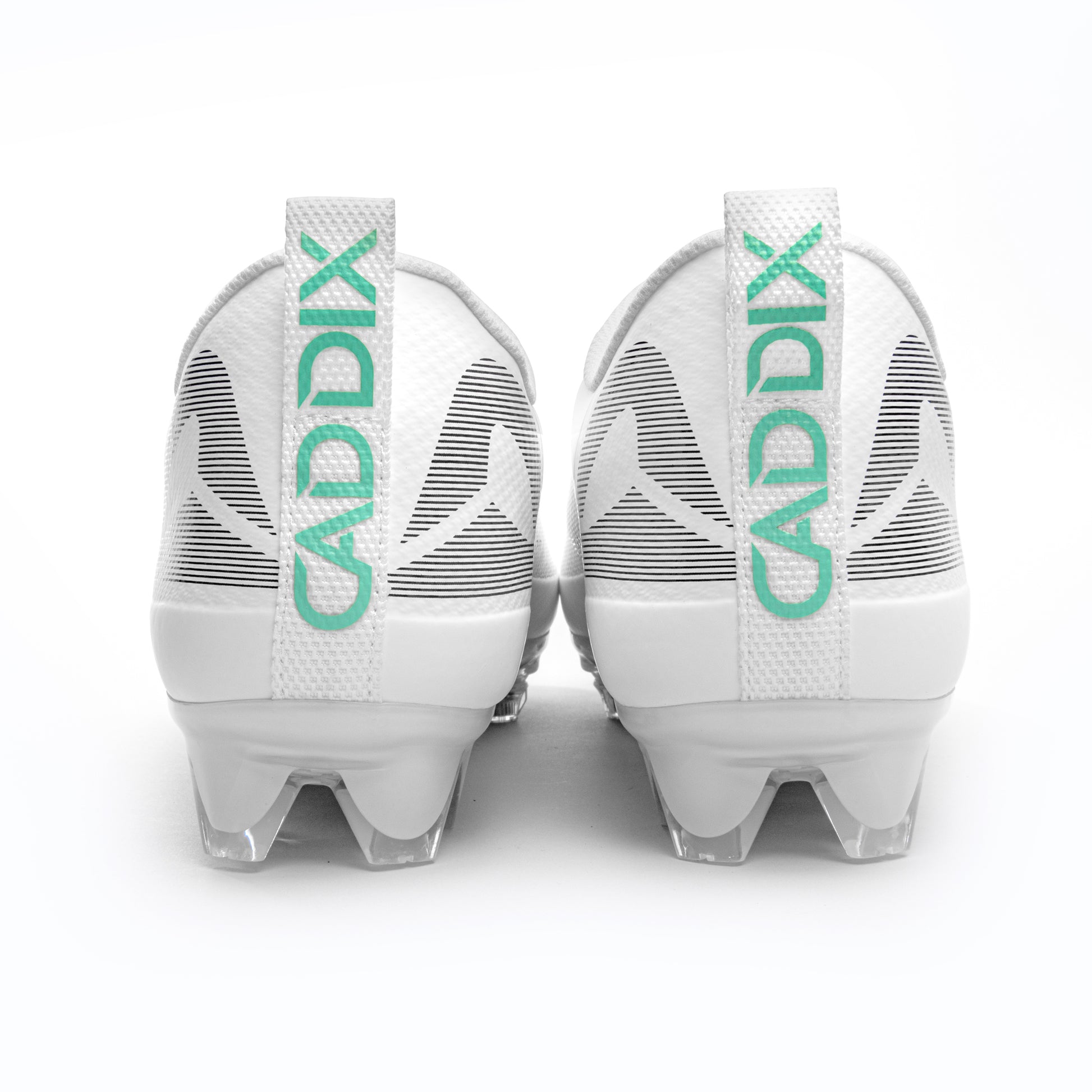 Rear view of Caddix men’s white/white low football and lacrosse cleats designed to reduce injuries thanks to patented Smart Studs technology
