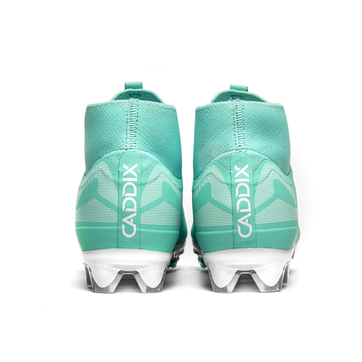 Caddix-branded pair of women’s mid teal/white cleats used for soccer and lacrosse—-Smart Studs minimize injurious stress other cleats create