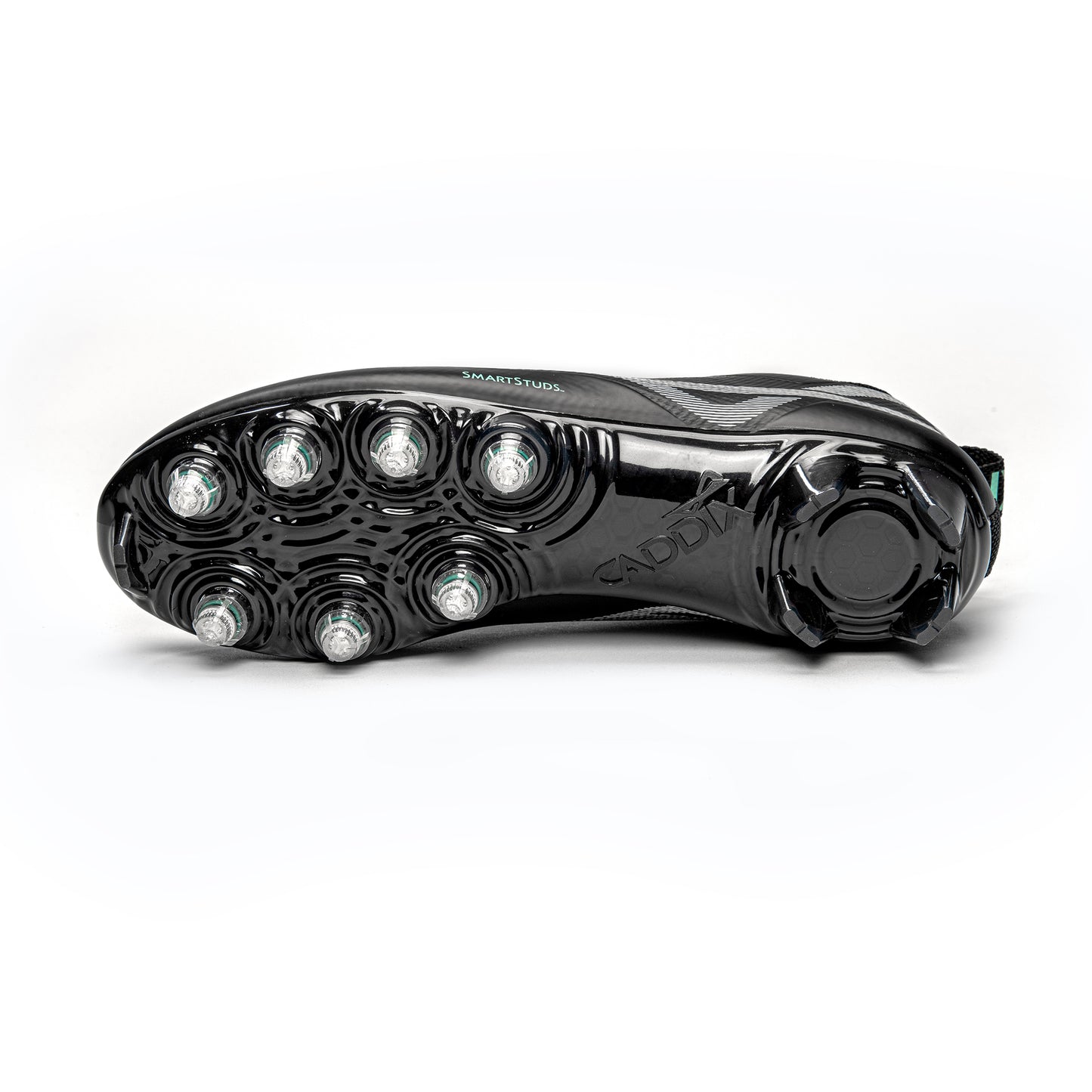 View of bottom of Caddix men’s mid black/black football and lacrosse cleats showing patented Smart Studs scientifically proven to reduce ACL tearing torque