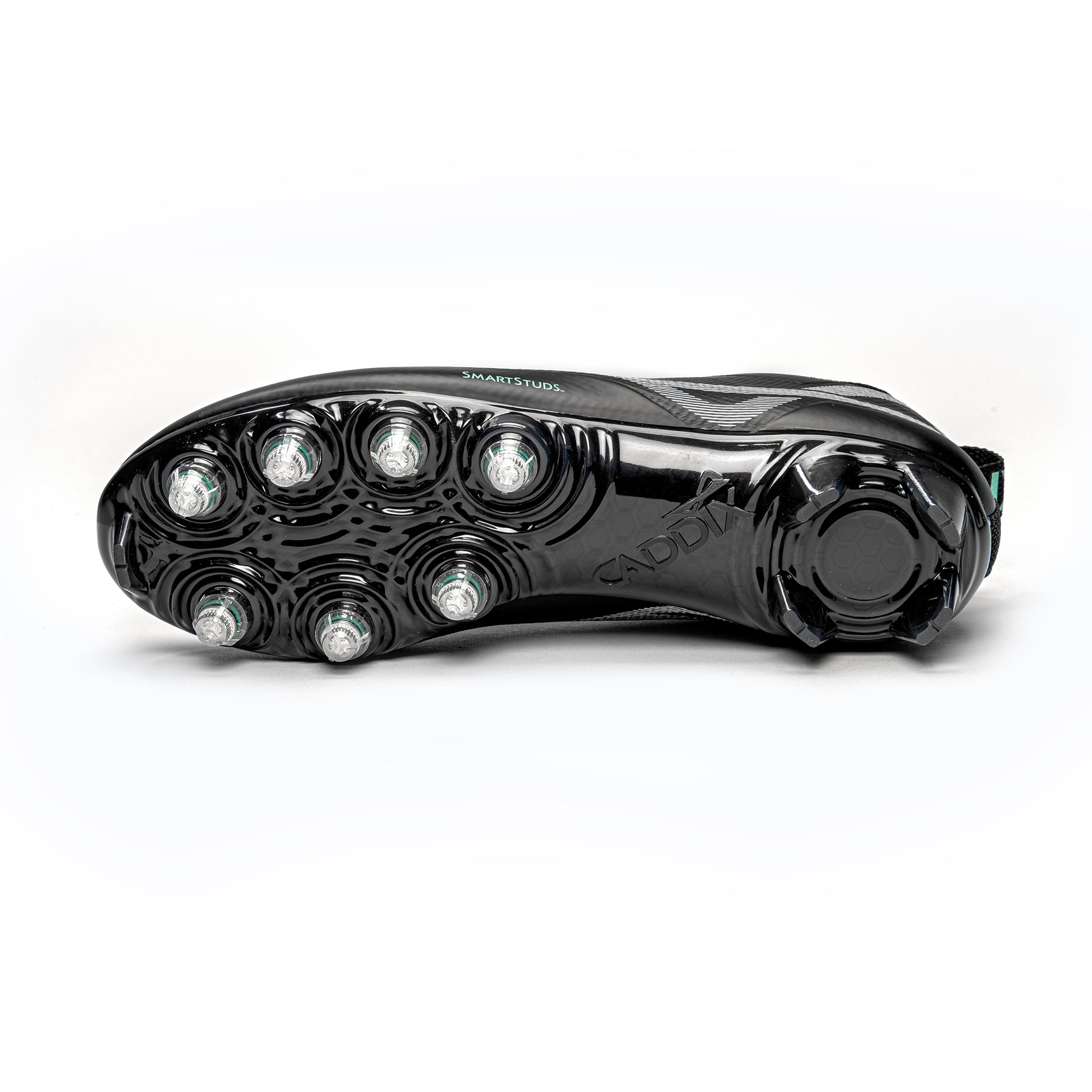 View of bottom of Caddix men’s mid black/black football and lacrosse cleats showing patented Smart Studs scientifically proven to reduce ACL tearing torque